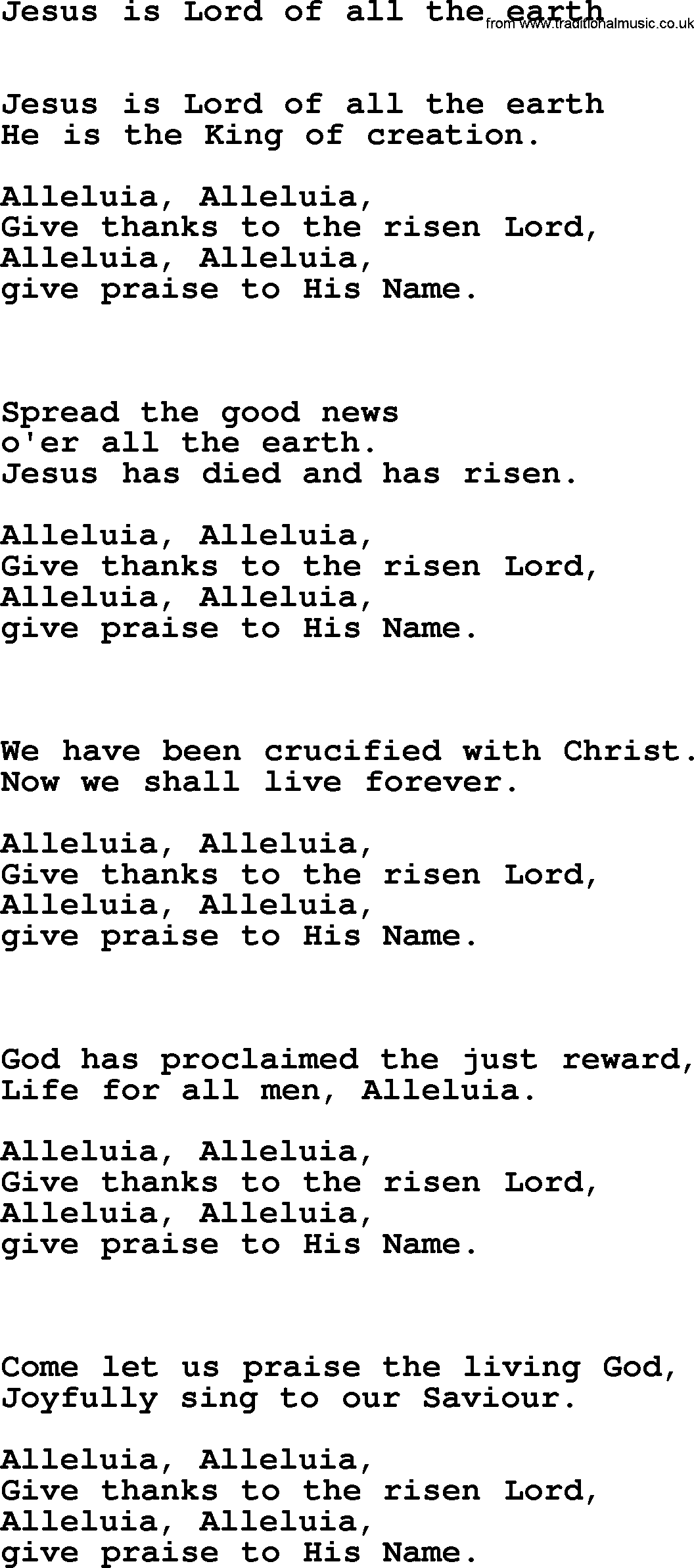 Presbyterian Hymns collection, Hymn: Jesus Is Lord Of All The Earth, lyrics and PDF