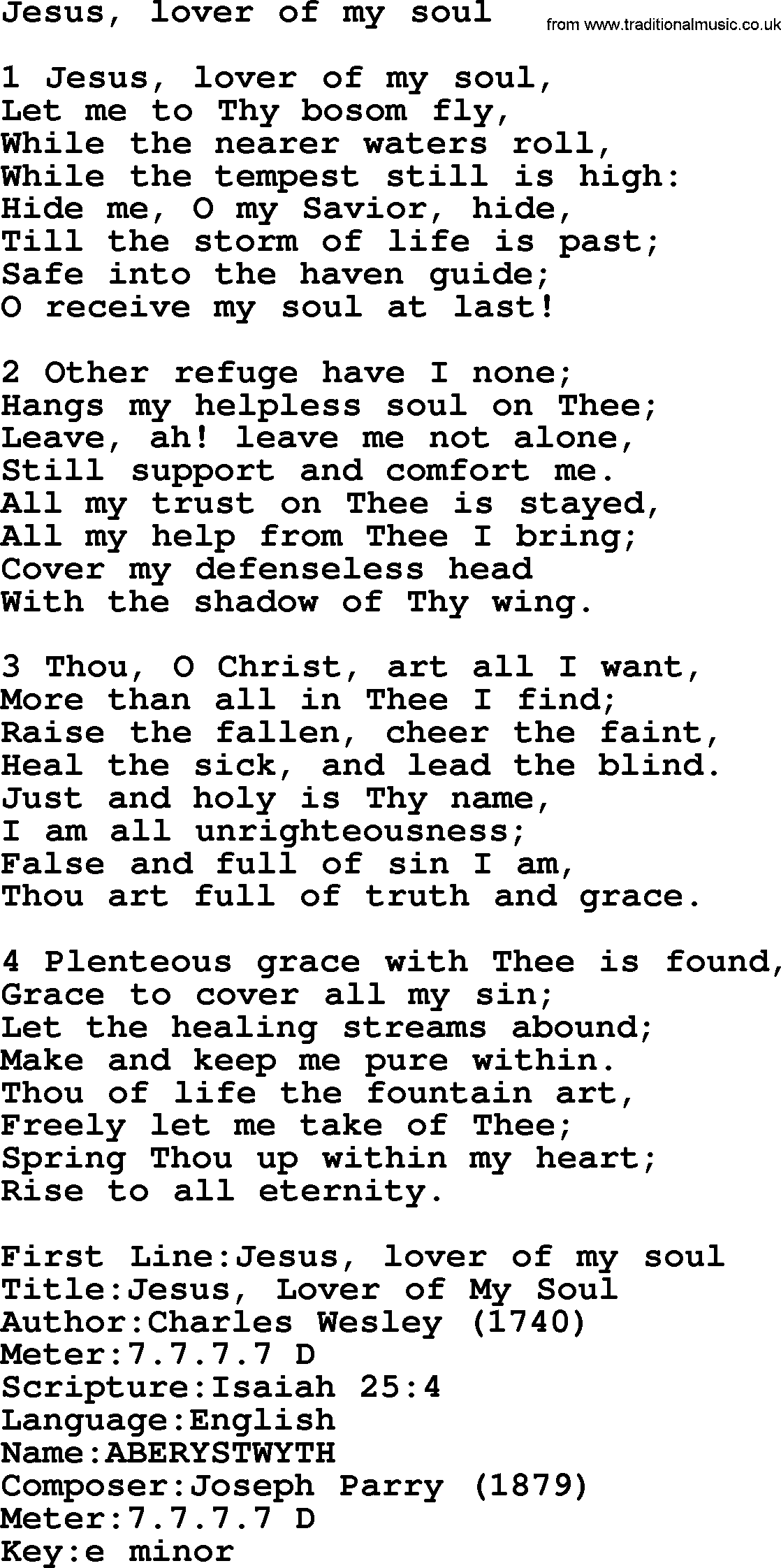 Presbyterian Hymns collection, Hymn: Jesus, Lover Of My Soul, lyrics and PDF