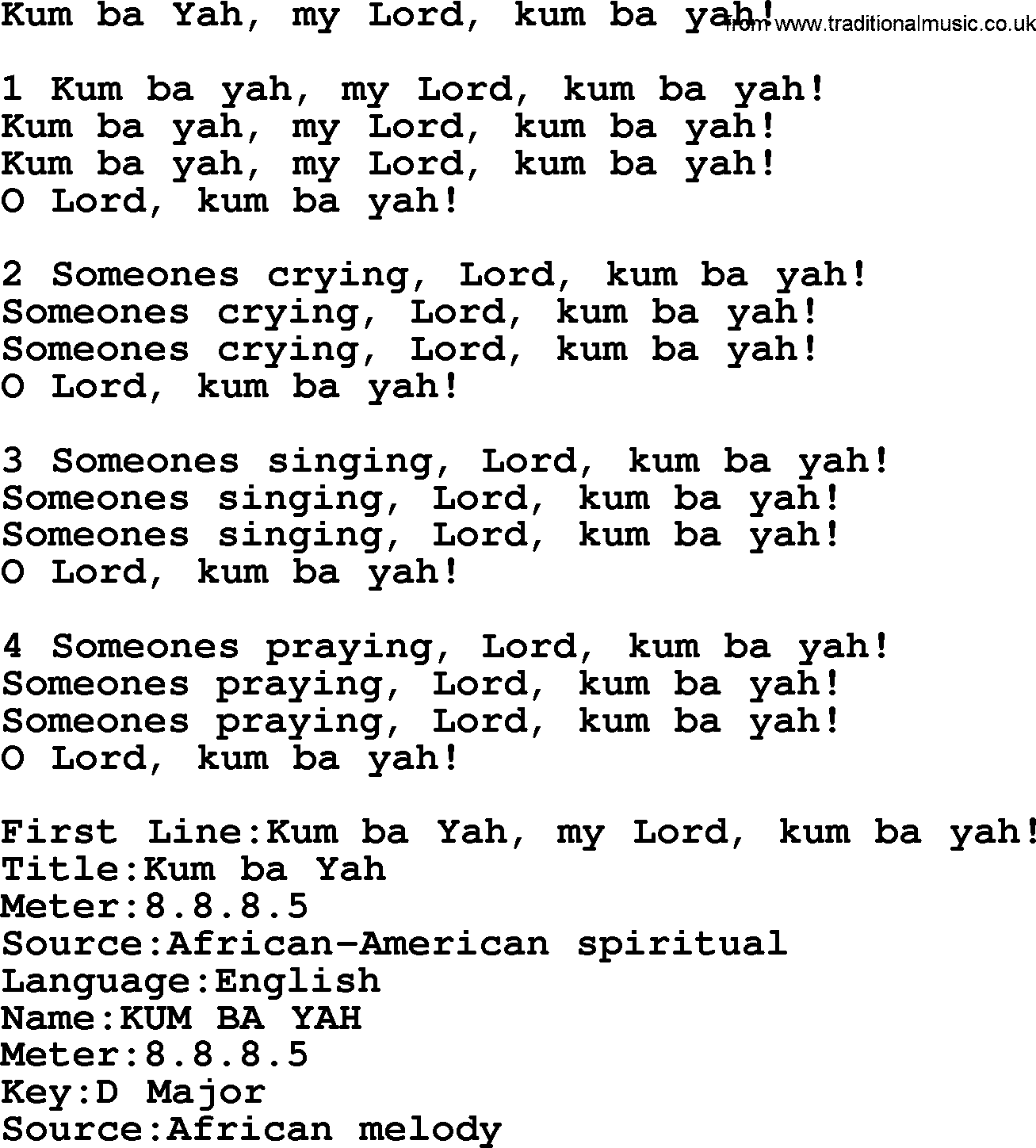 Presbyterian Hymns collection, Hymn: Kum Ba Yah, My Lord, Kum Ba Yah!, lyrics and PDF