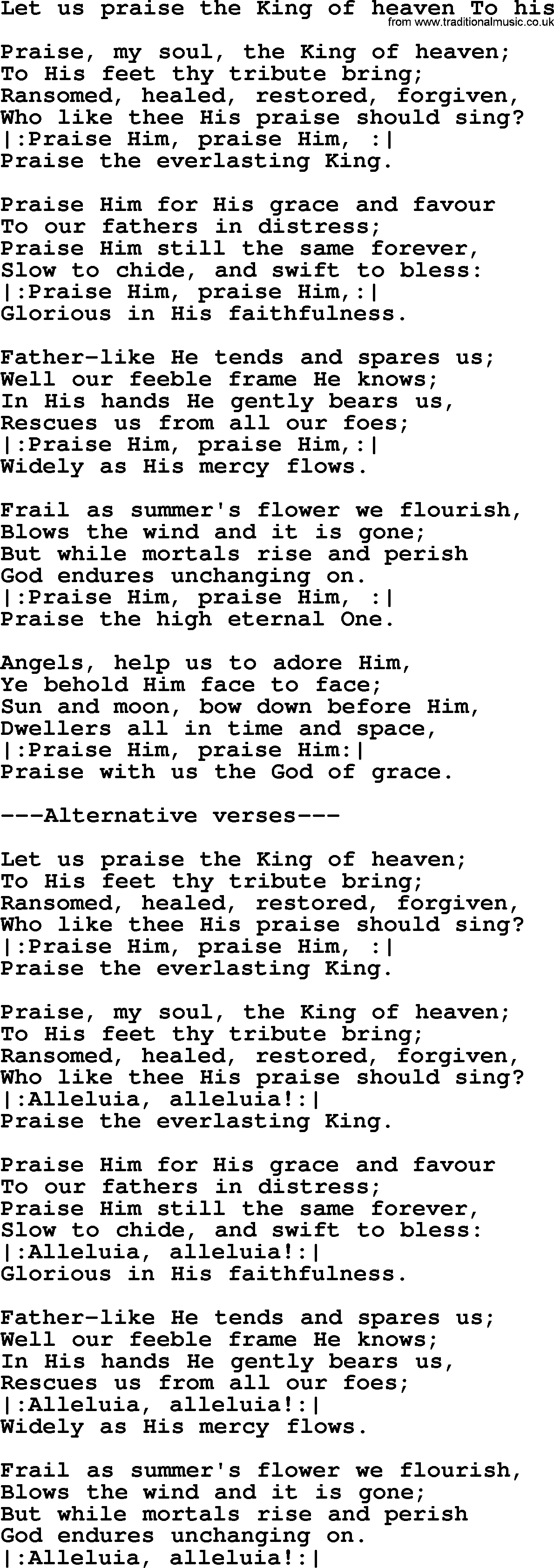 Presbyterian Hymns collection, Hymn: Let Us Praise The King Of Heaven To His, lyrics and PDF