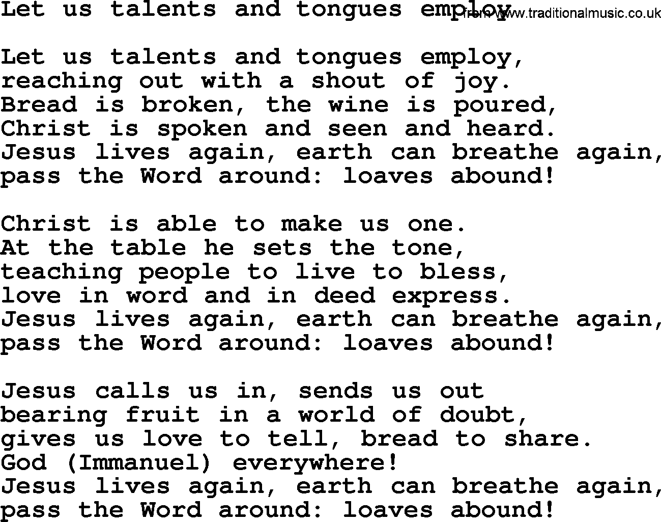 Presbyterian Hymns collection, Hymn: Let Us Talents And Tongues Employ, lyrics and PDF