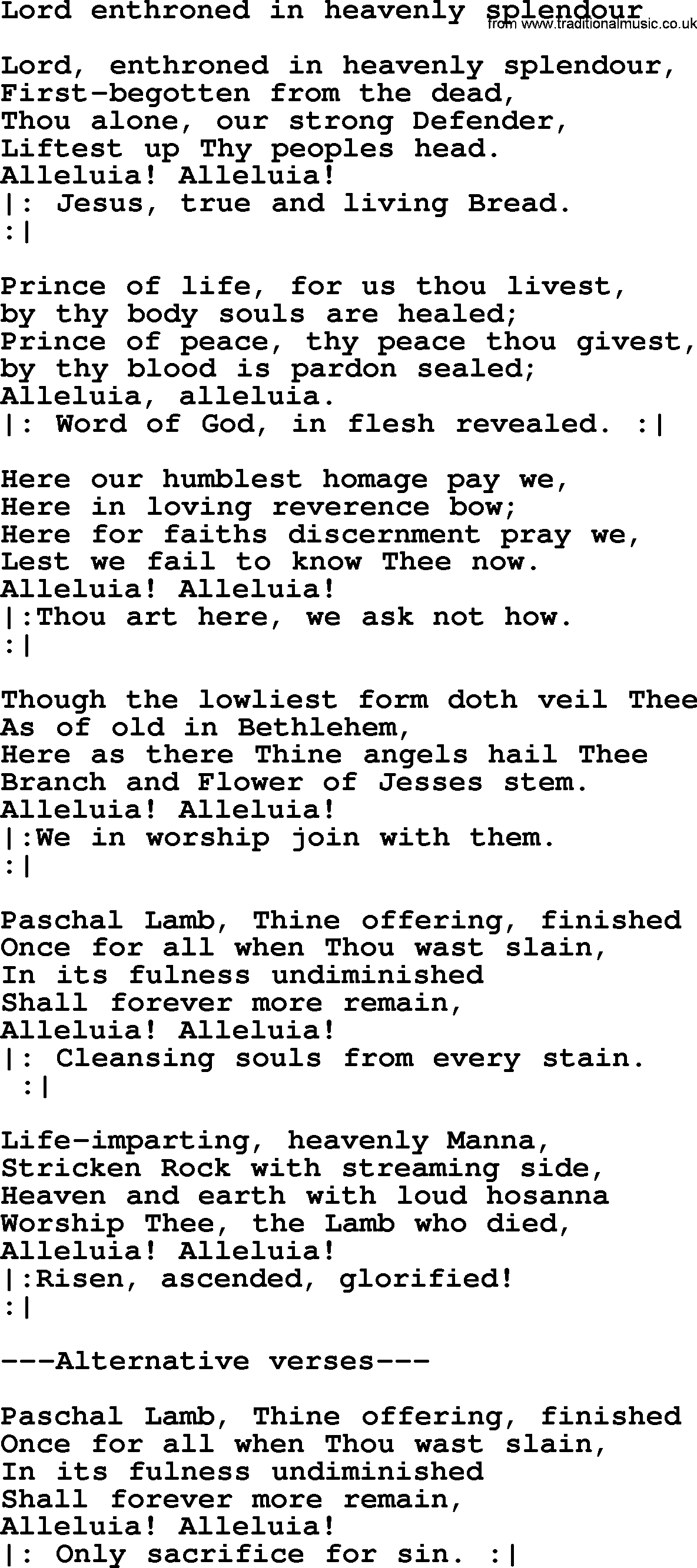 Presbyterian Hymns collection, Hymn: Lord Enthroned In Heavenly Splendour, lyrics and PDF
