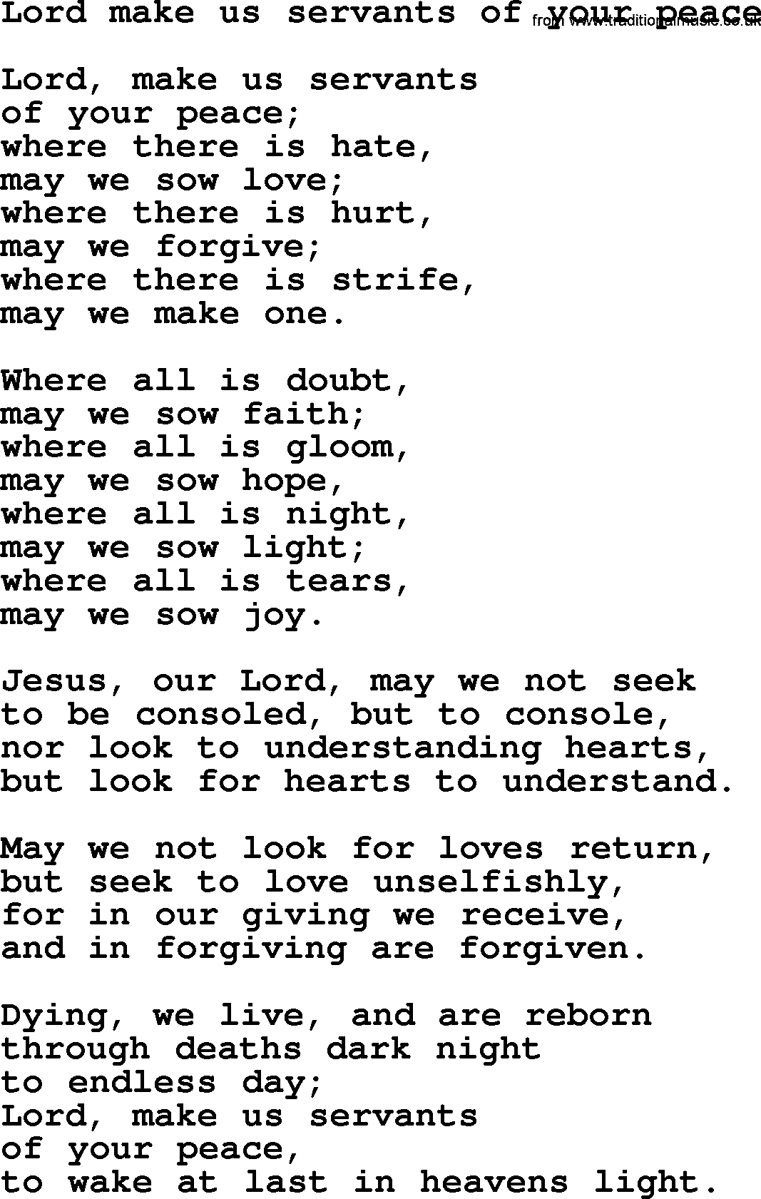 Presbyterian Hymns collection, Hymn: Lord Make Us Servants Of Your Peace, lyrics and PDF