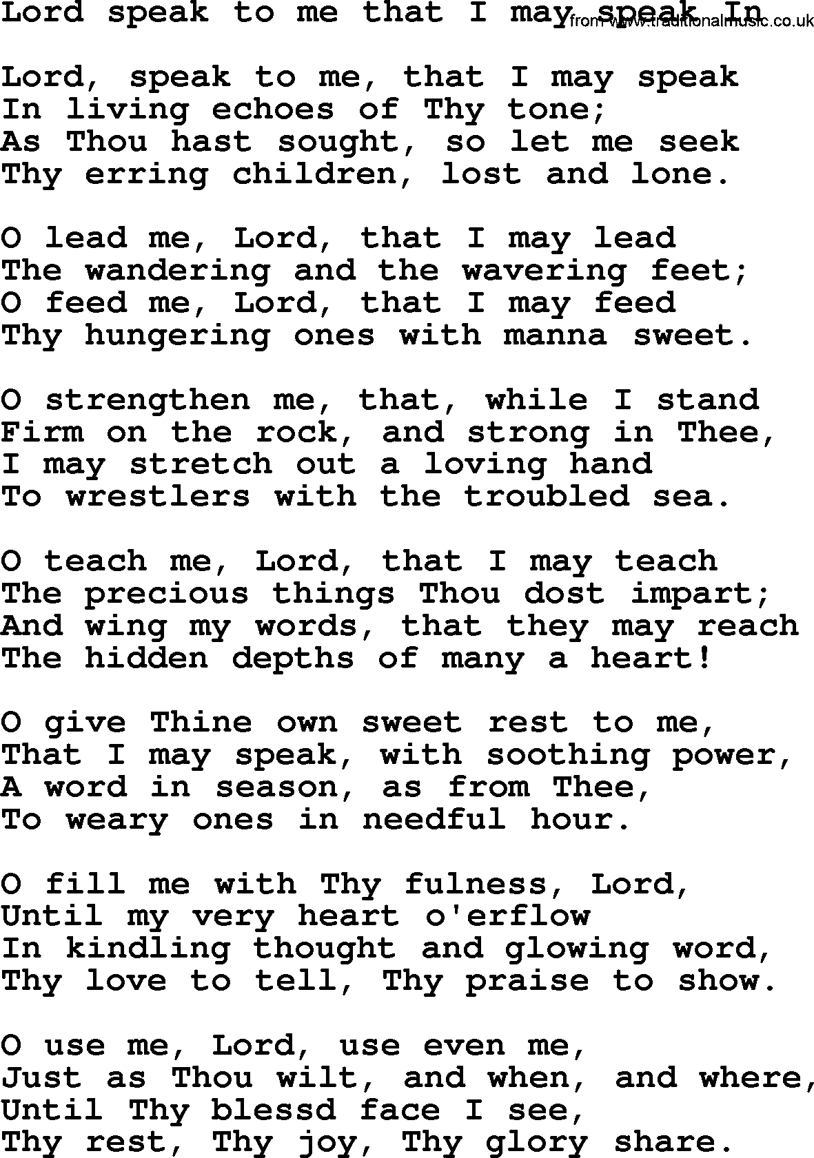 Presbyterian Hymns collection, Hymn: Lord Speak To Me That I May Speak In, lyrics and PDF