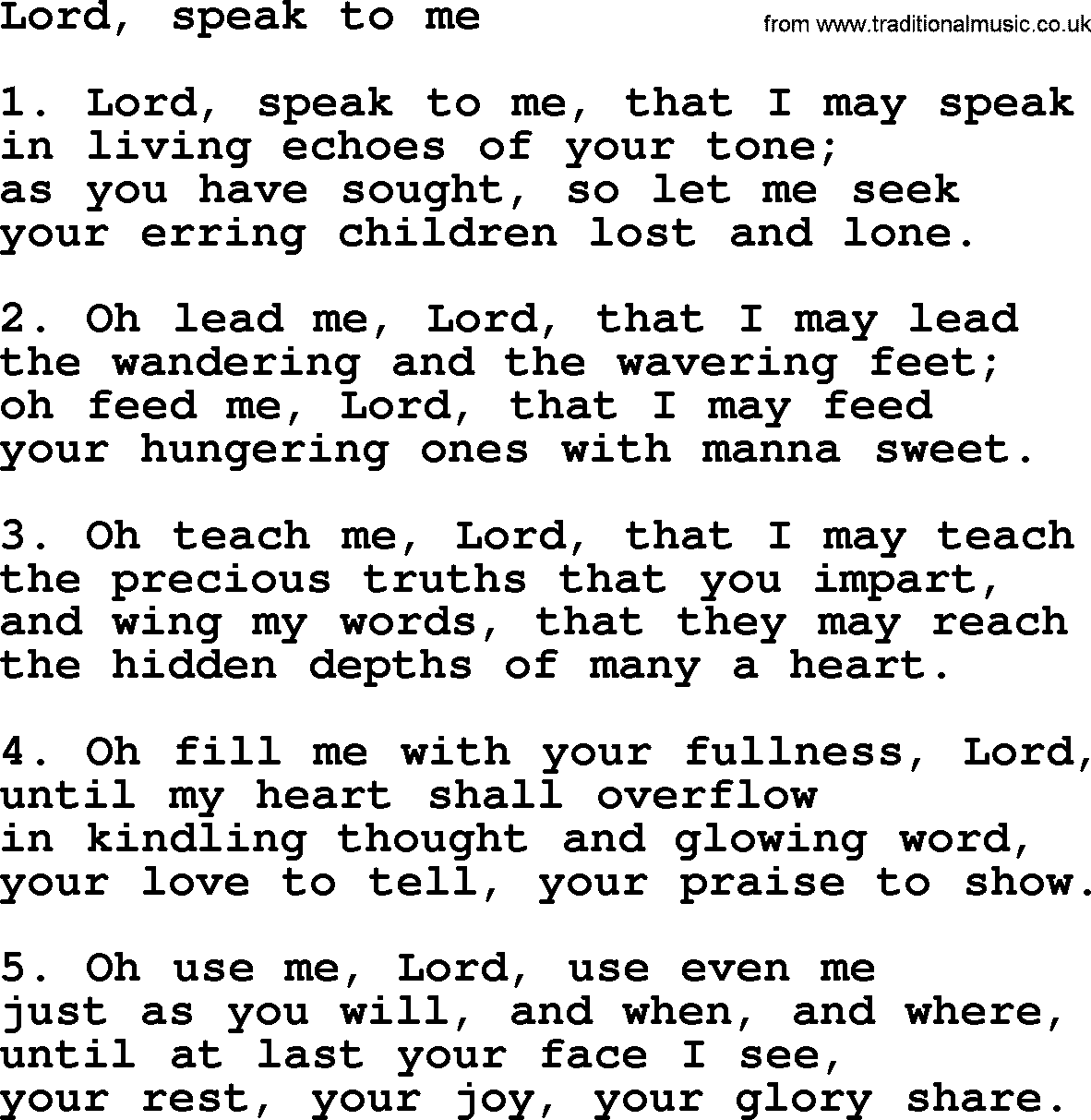 Presbyterian Hymns collection, Hymn: Lord, Speak To Me, lyrics and PDF