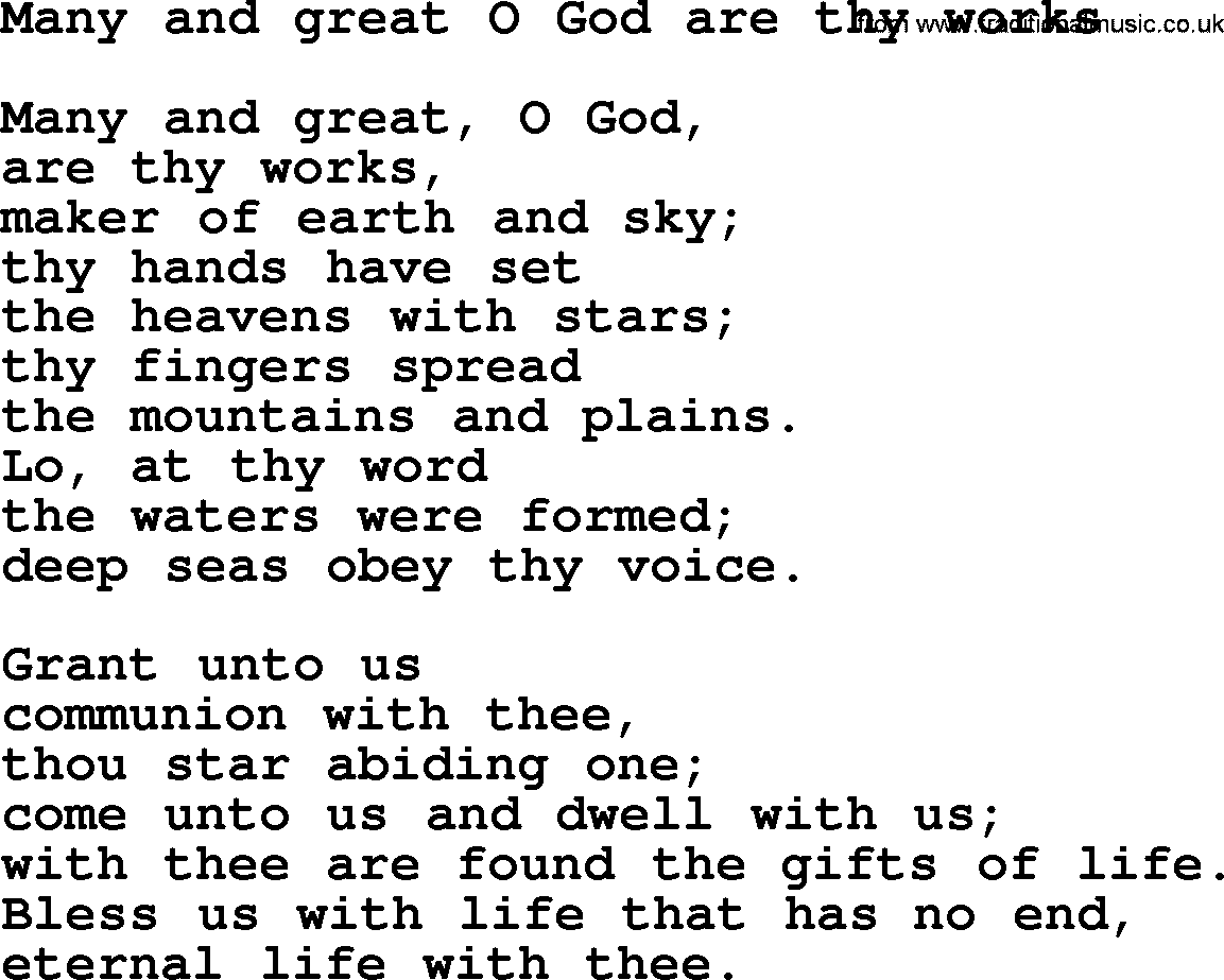 Presbyterian Hymns collection, Hymn: Many And Great O God Are Thy Works, lyrics and PDF