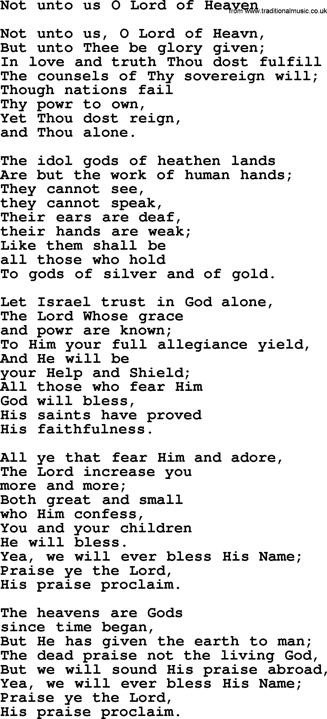 Presbyterian Hymns collection, Hymn: Not Unto Us O Lord Of Heaven, lyrics and PDF