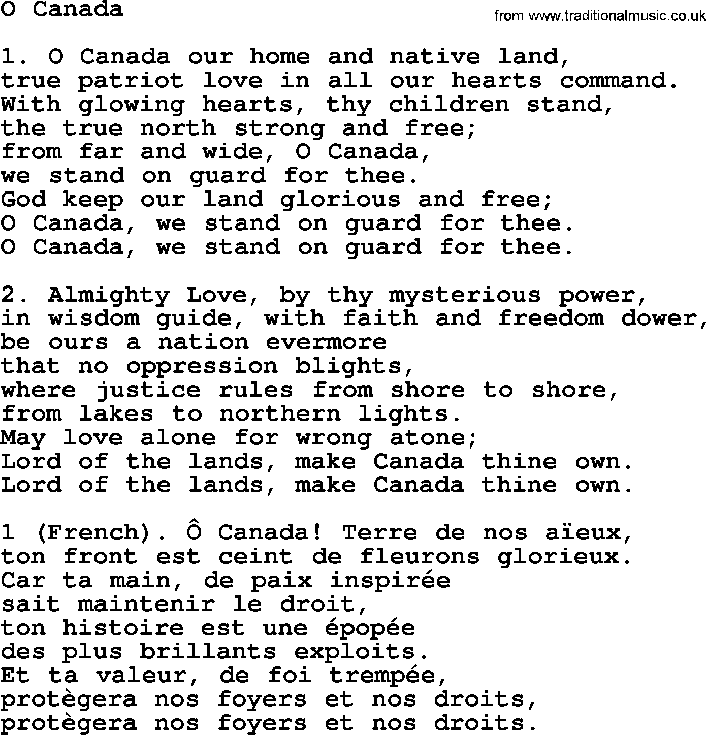 Presbyterian Hymns collection, Hymn: O Canada, lyrics and PDF