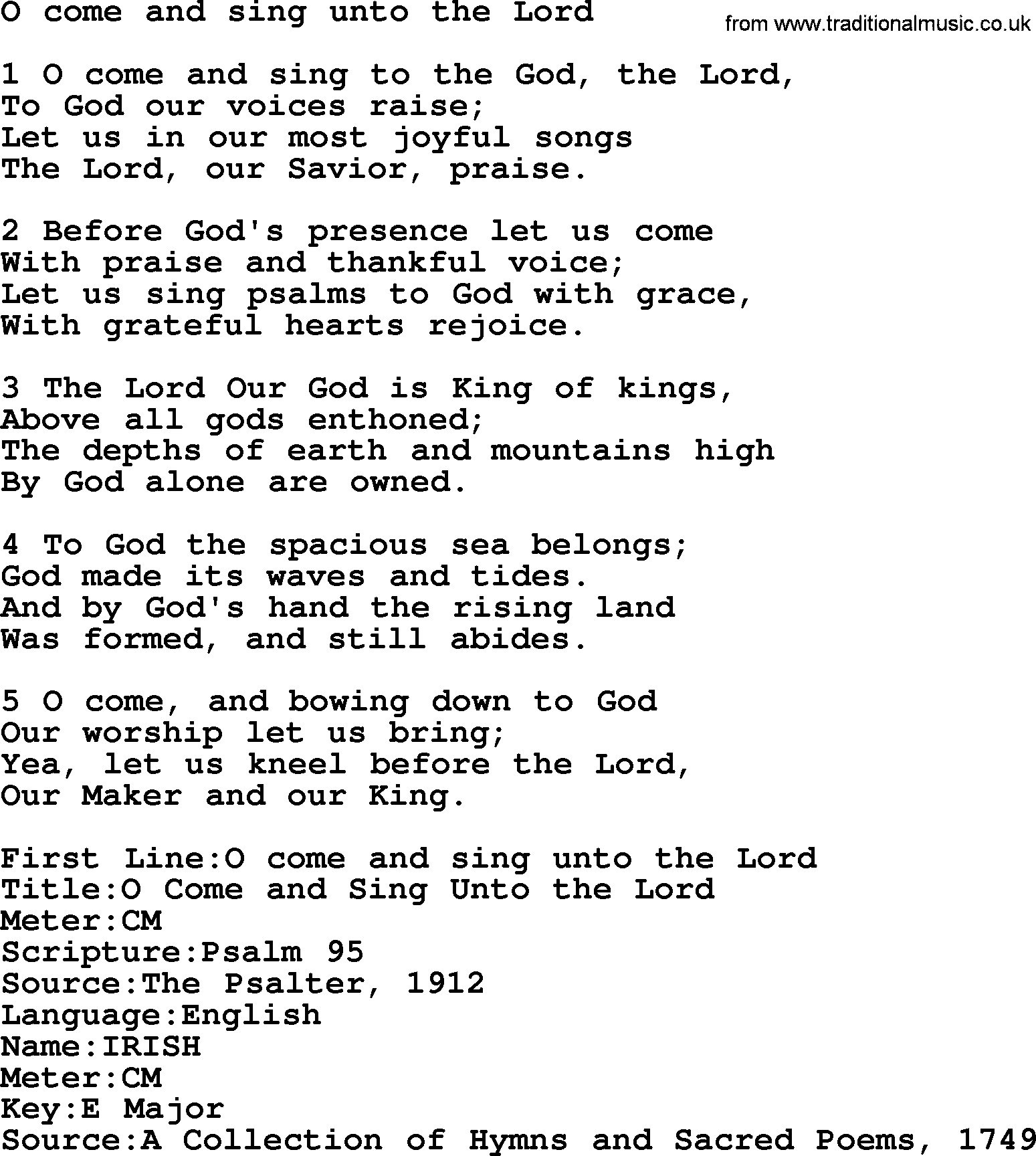 Presbyterian Hymns collection, Hymn: O Come And Sing Unto The Lord, lyrics and PDF