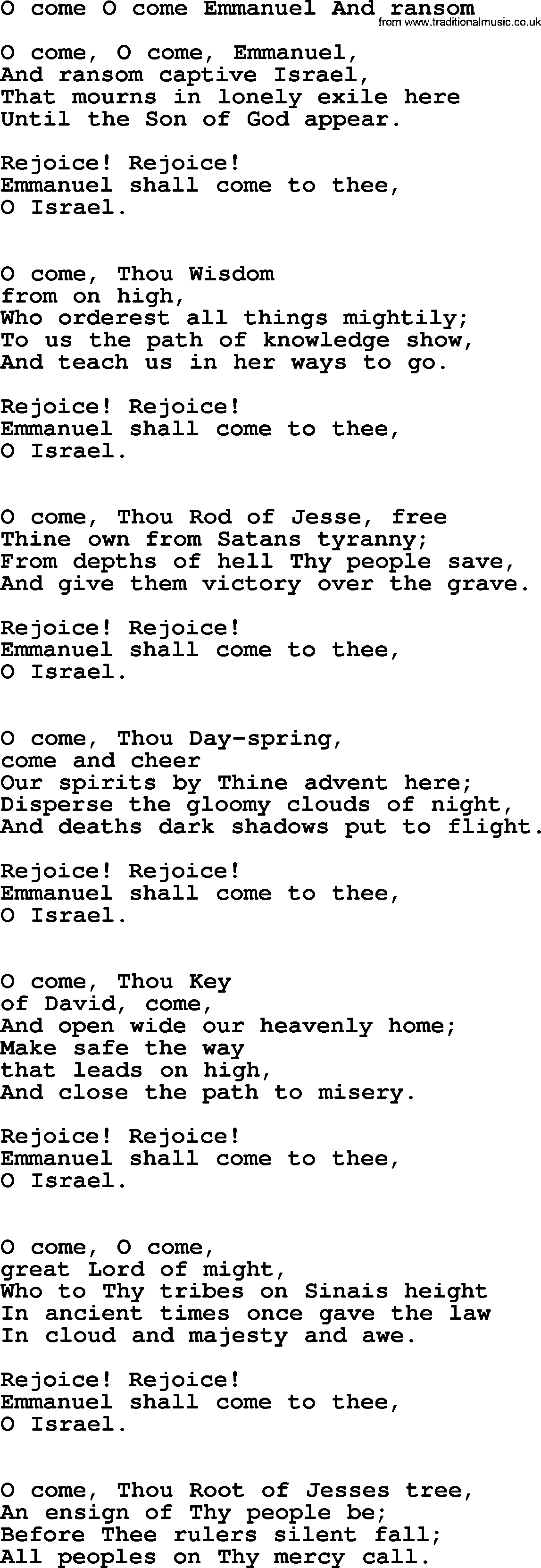 Presbyterian Hymns collection, Hymn: O Come O Come Emmanuel And Ransom, lyrics and PDF
