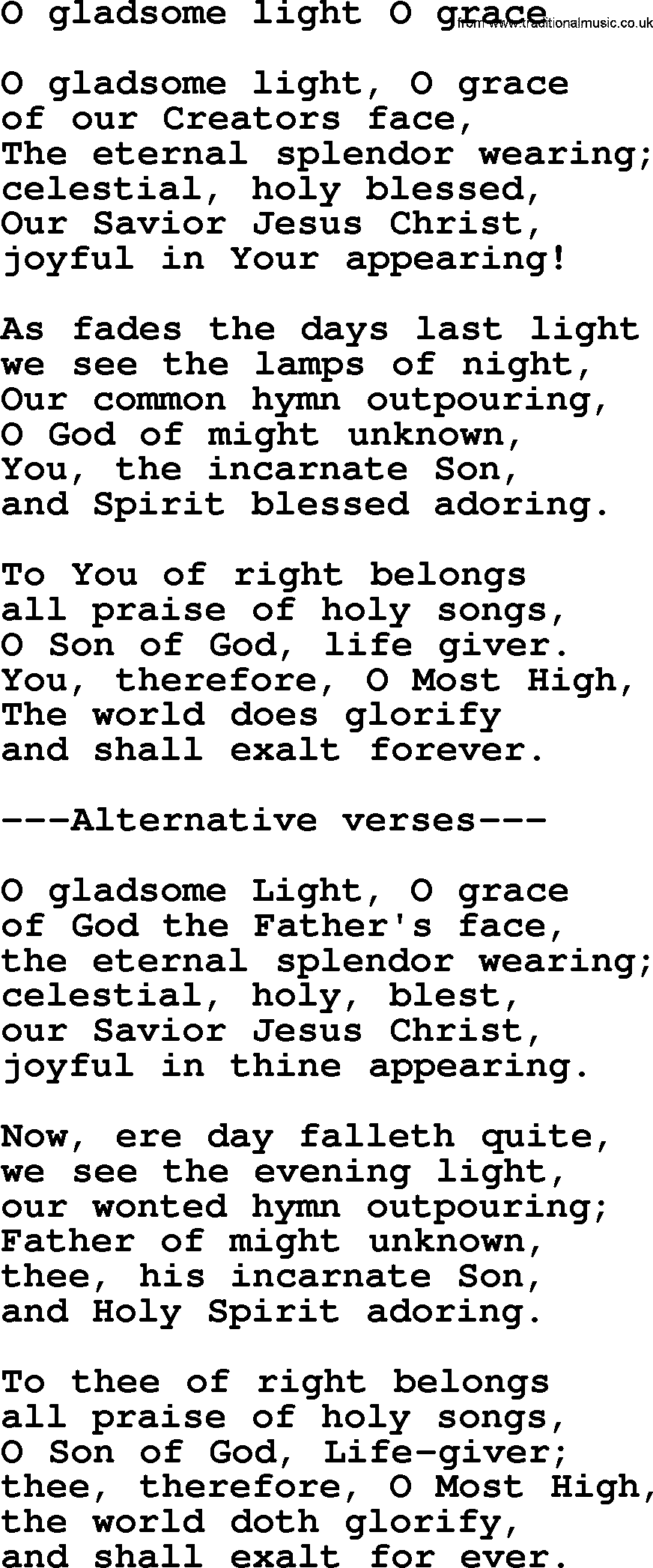 Presbyterian Hymns collection, Hymn: O Gladsome Light O Grace, lyrics and PDF