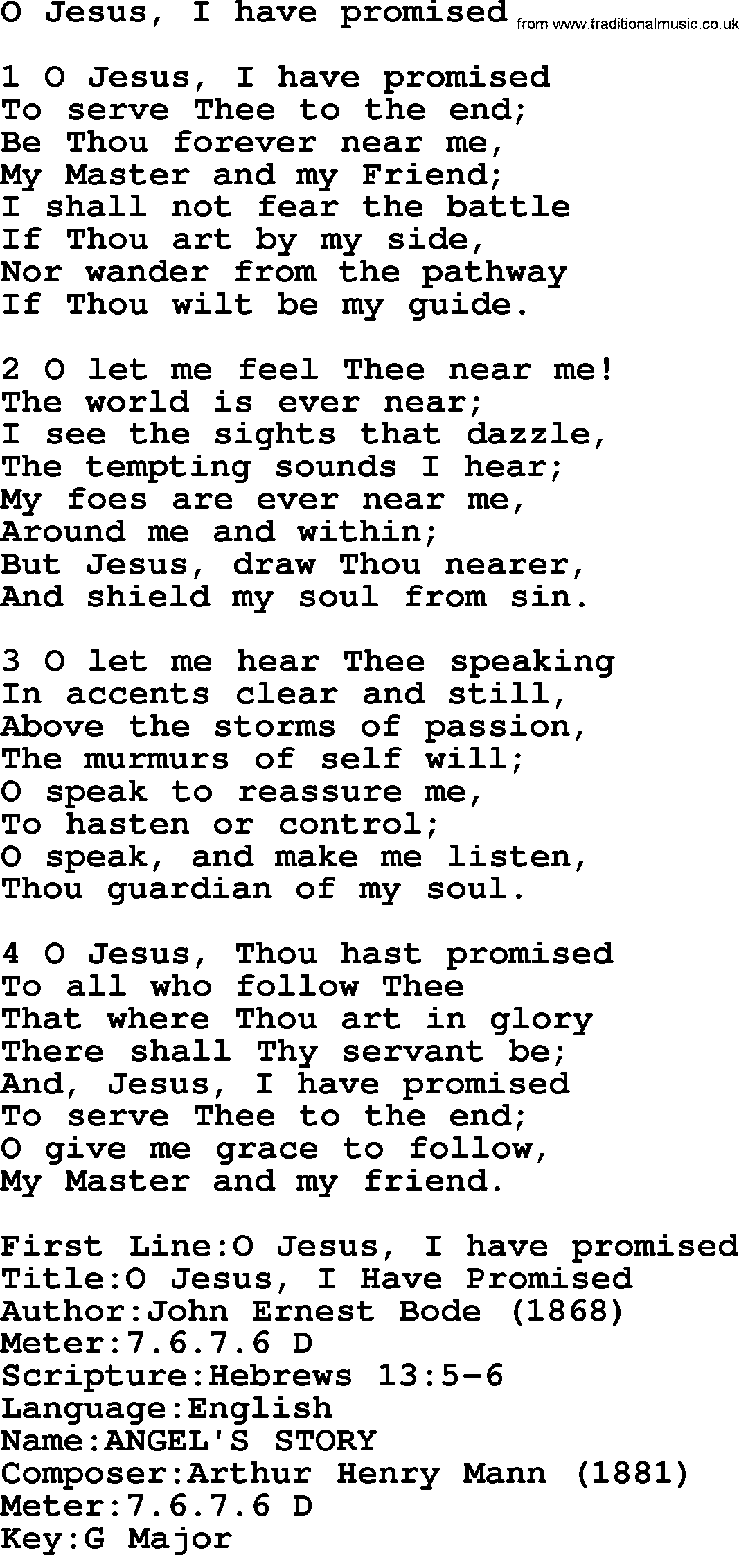 Presbyterian Hymns collection, Hymn: O Jesus, I Have Promised, lyrics and PDF