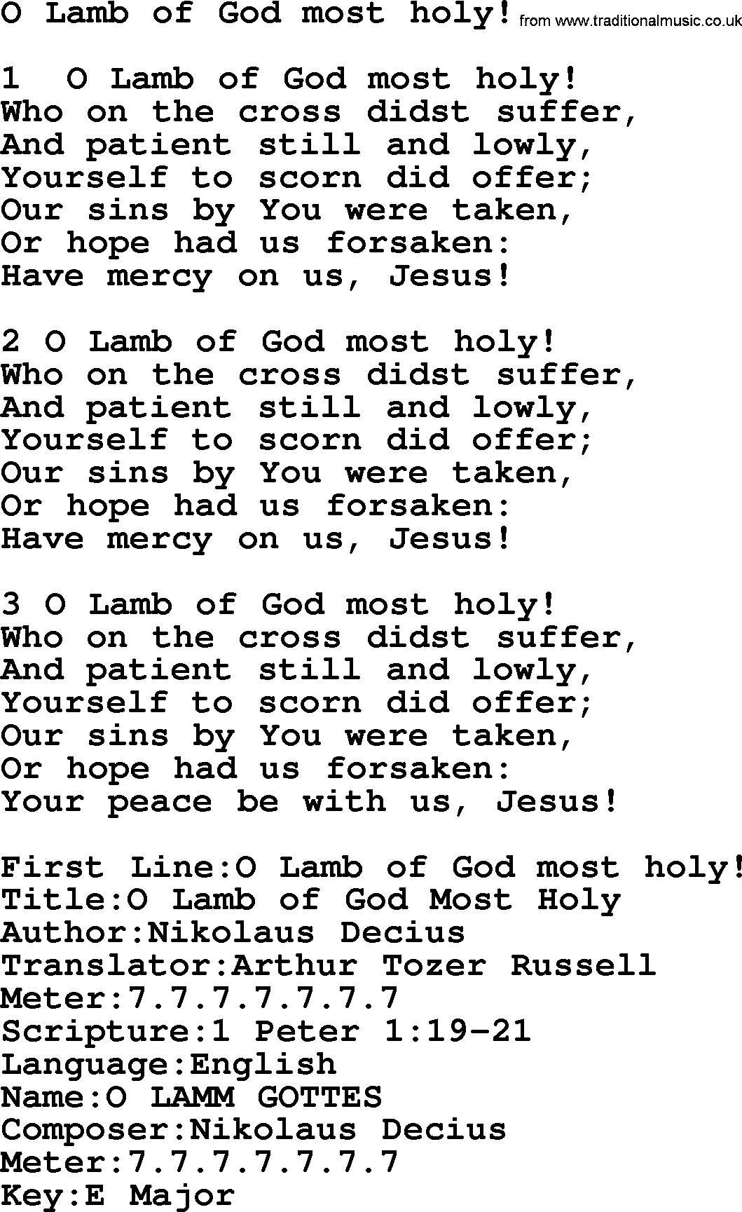 Presbyterian Hymns collection, Hymn: O Lamb Of God Most Holy!, lyrics and PDF