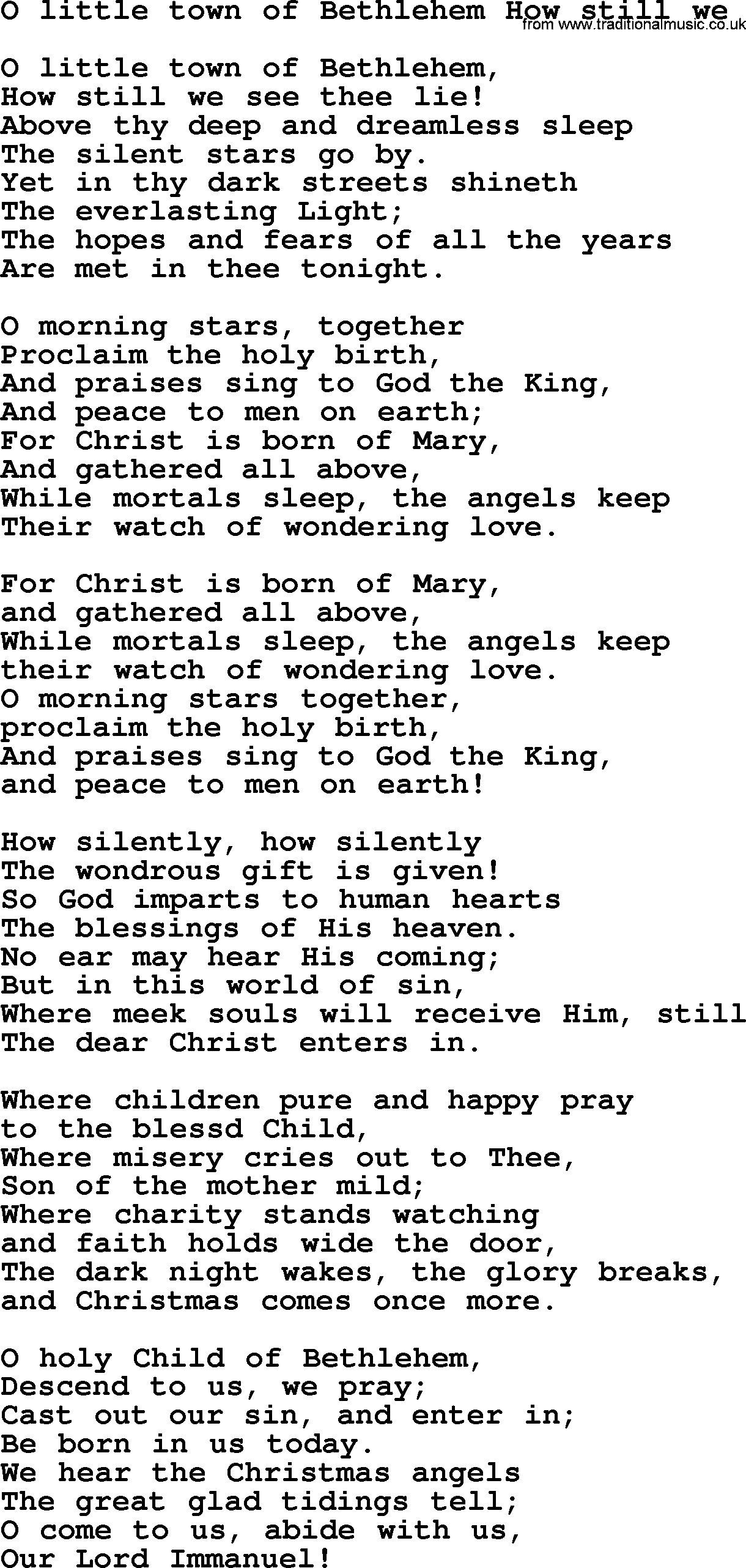 Presbyterian Hymn O Little Town Of Bethlehem How Still We lyrics