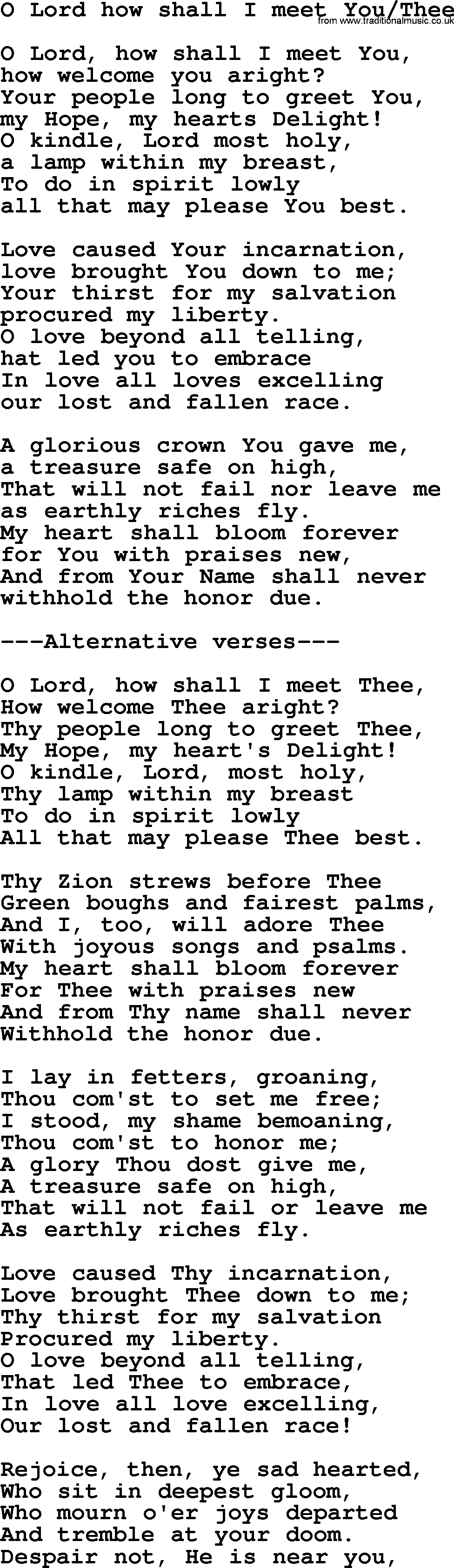 Presbyterian Hymns collection, Hymn: O Lord How Shall I Meet You, Thee, lyrics and PDF