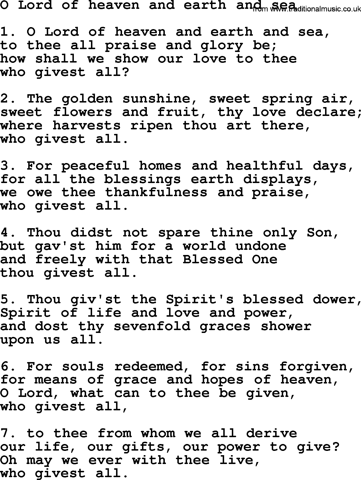Presbyterian Hymns collection, Hymn: O Lord Of Heaven And Earth And Sea, lyrics and PDF