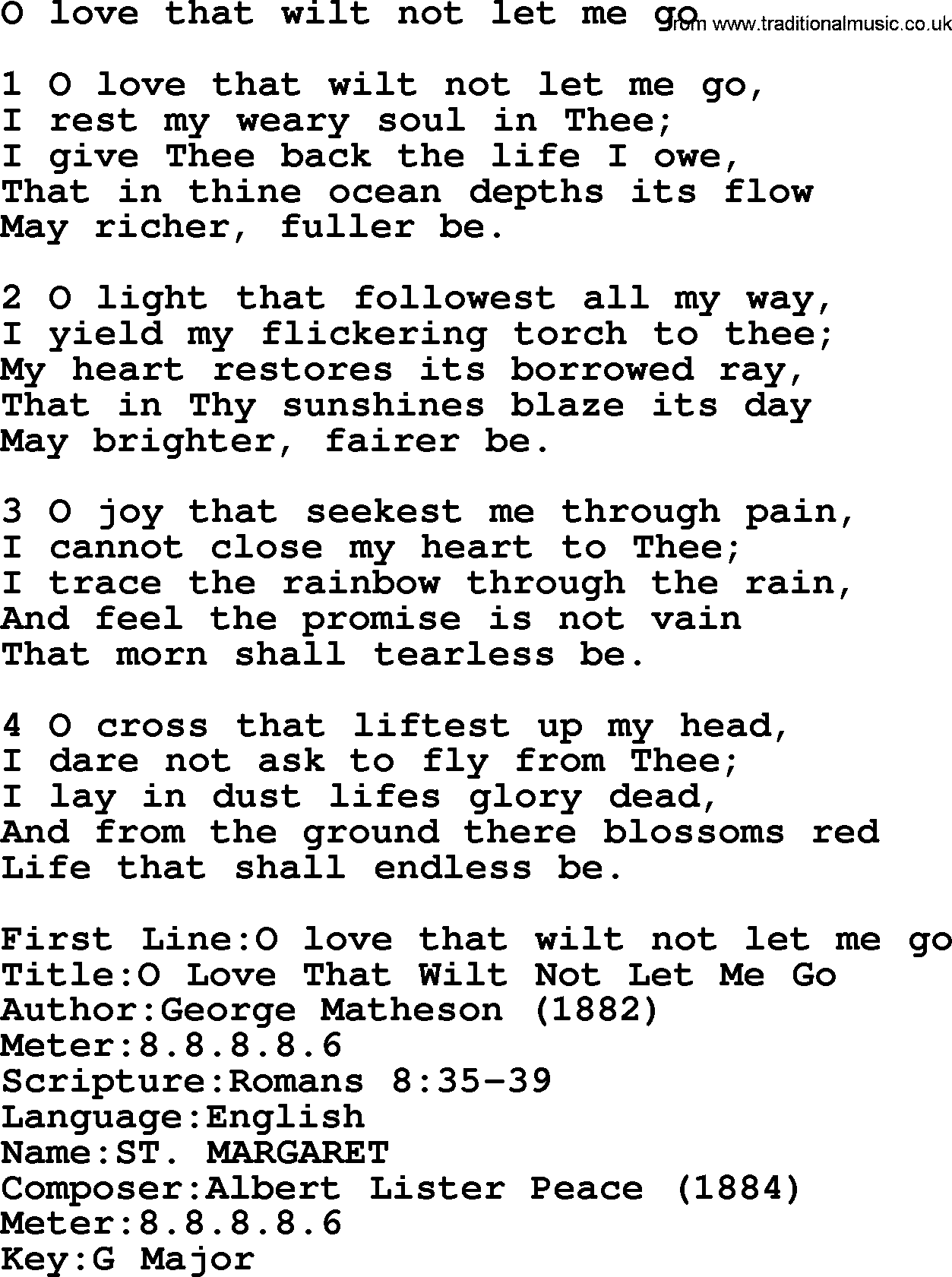Presbyterian Hymns collection, Hymn: O Love That Wilt Not Let Me Go, lyrics and PDF