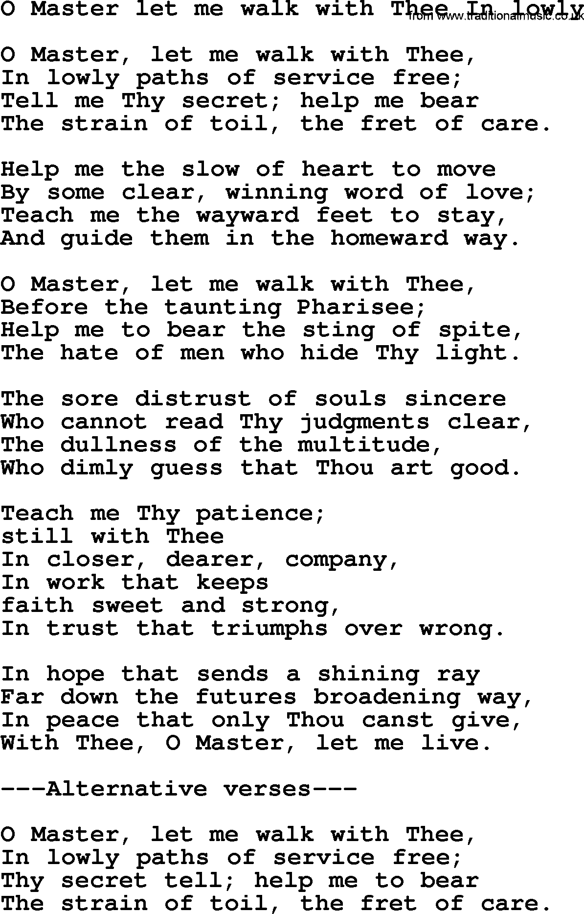 Presbyterian Hymns collection, Hymn: O Master Let Me Walk With Thee In Lowly, lyrics and PDF