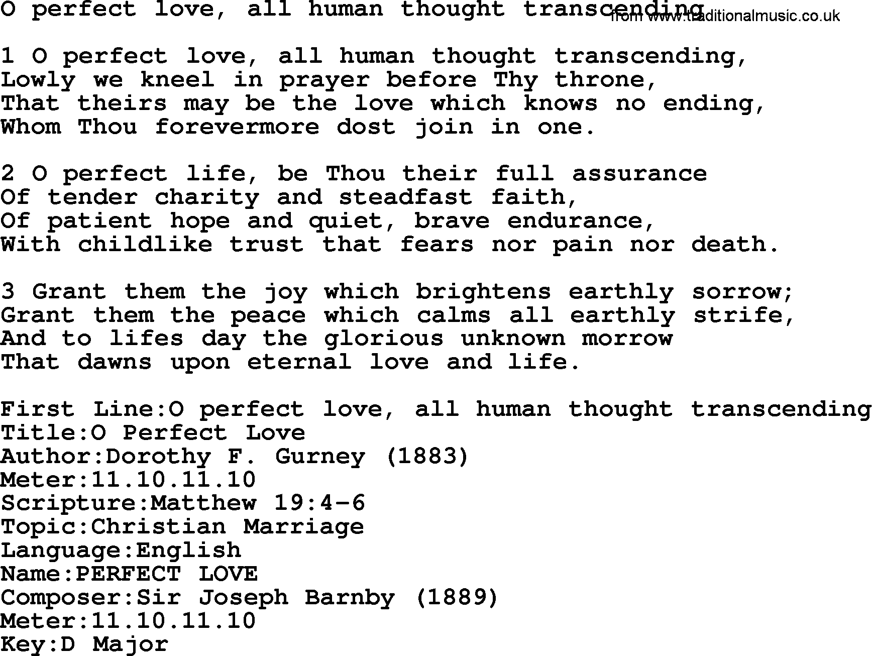 Presbyterian Hymns collection, Hymn: O Perfect Love, All Human Thought Transcending, lyrics and PDF