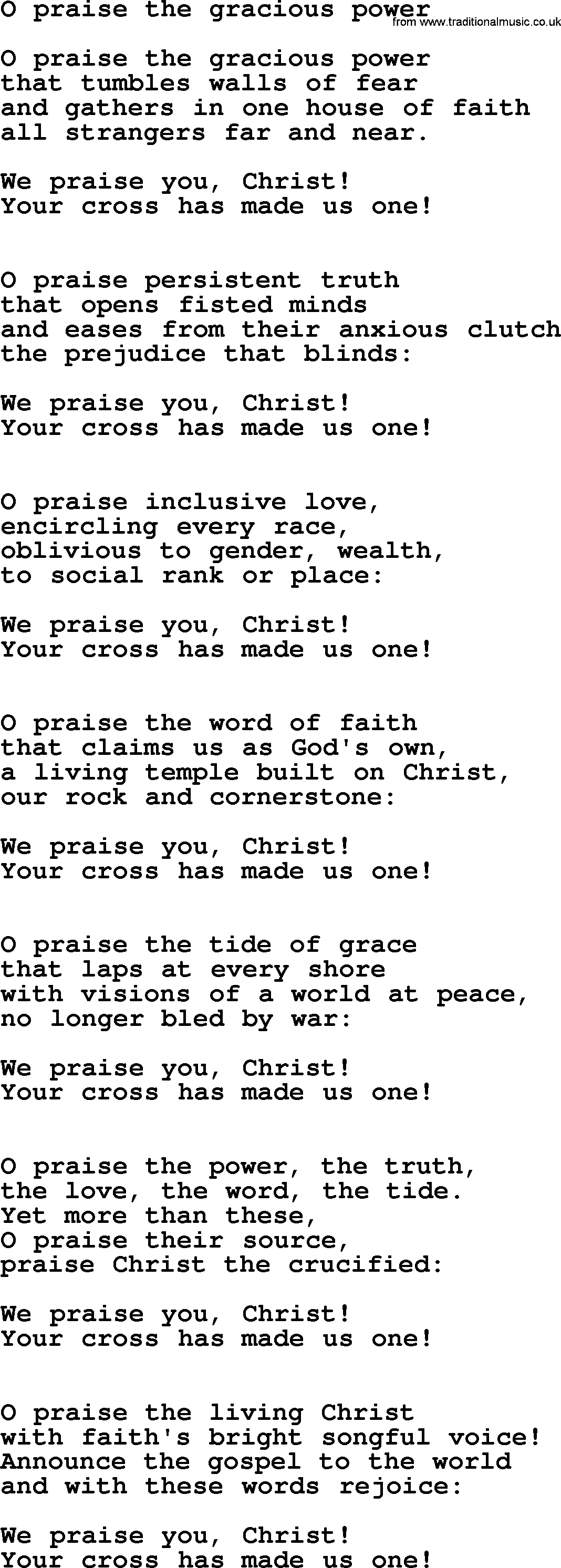 Presbyterian Hymns collection, Hymn: O Praise The Gracious Power, lyrics and PDF