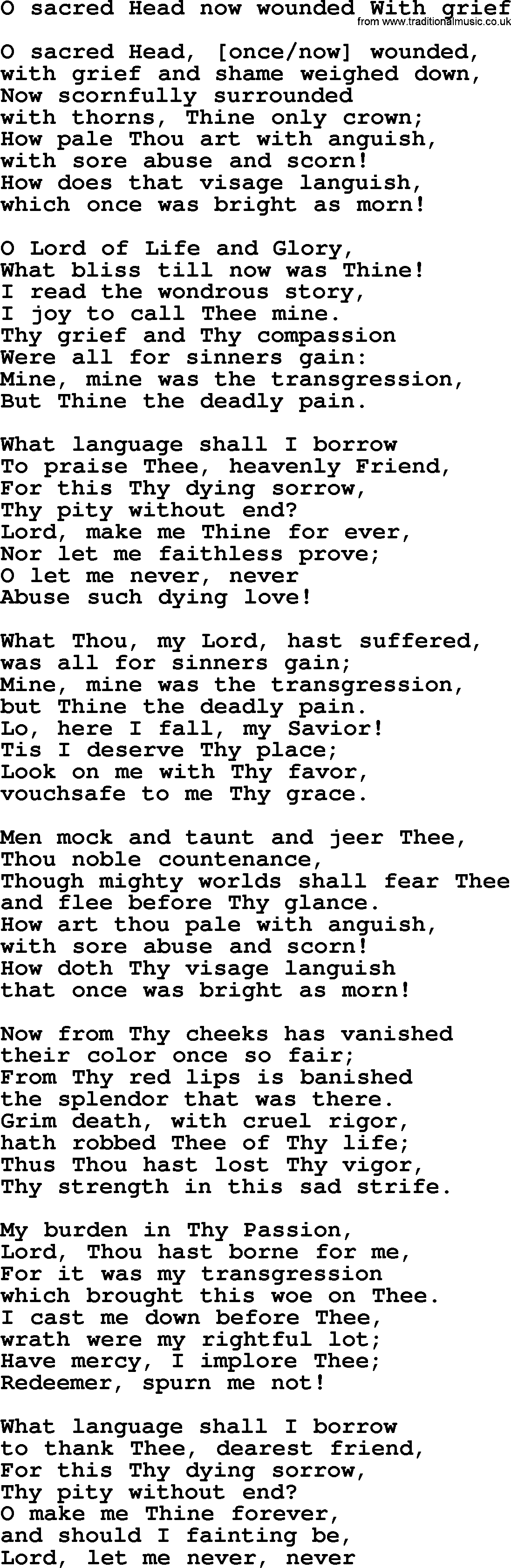 Presbyterian Hymns collection, Hymn: O Sacred Head Now Wounded With Grief, lyrics and PDF
