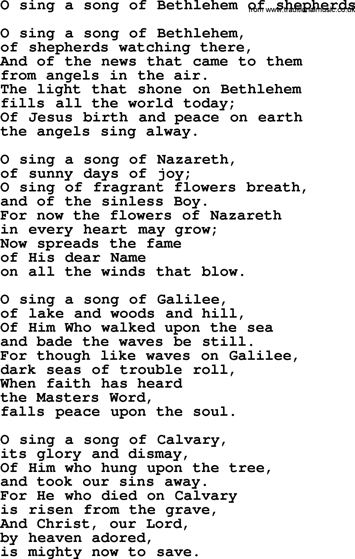Presbyterian Hymns collection, Hymn: O Sing A Song Of Bethlehem Of Shepherds, lyrics and PDF