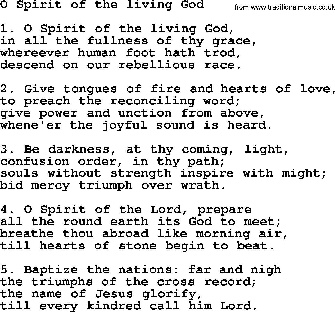 Presbyterian Hymns collection, Hymn: O Spirit Of The Living God, lyrics and PDF