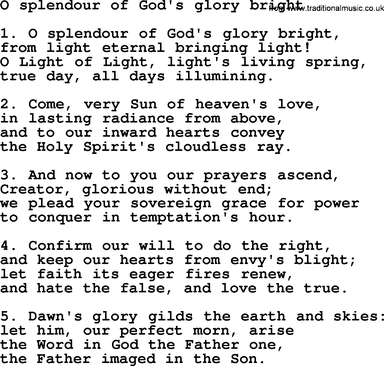 Presbyterian Hymns collection, Hymn: O Splendour Of God's Glory Bright, lyrics and PDF