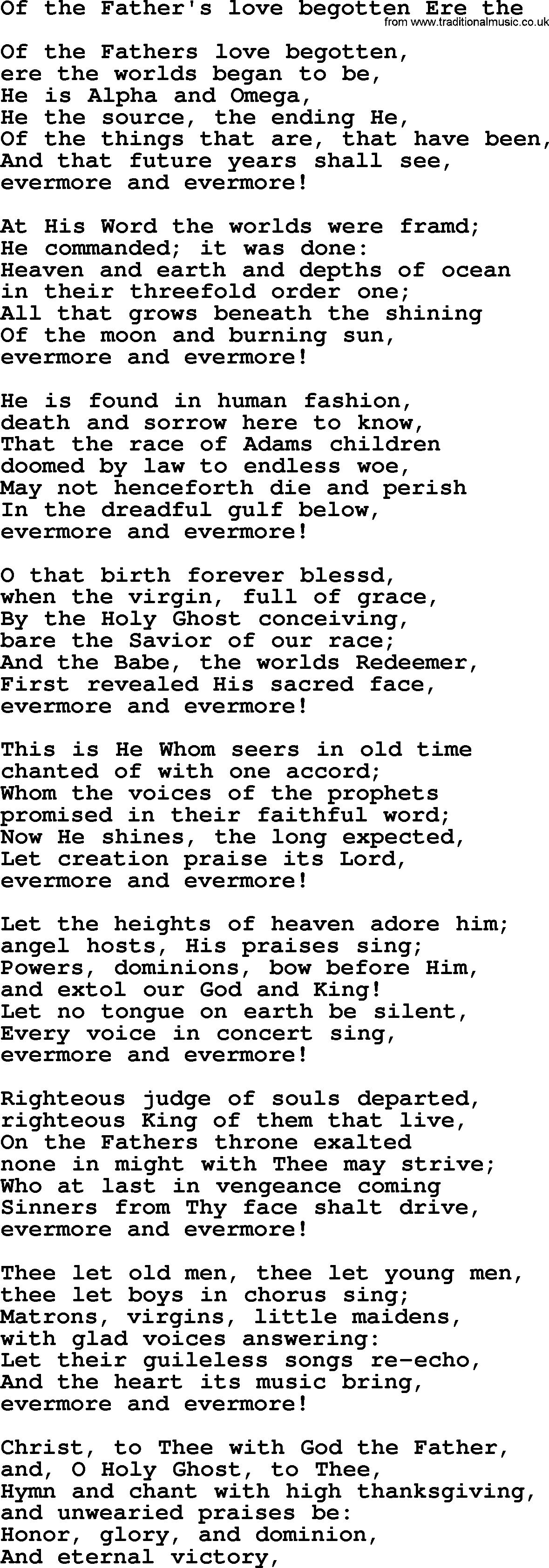 Presbyterian Hymns collection, Hymn: Of The Father's Love Begotten Ere The, lyrics and PDF