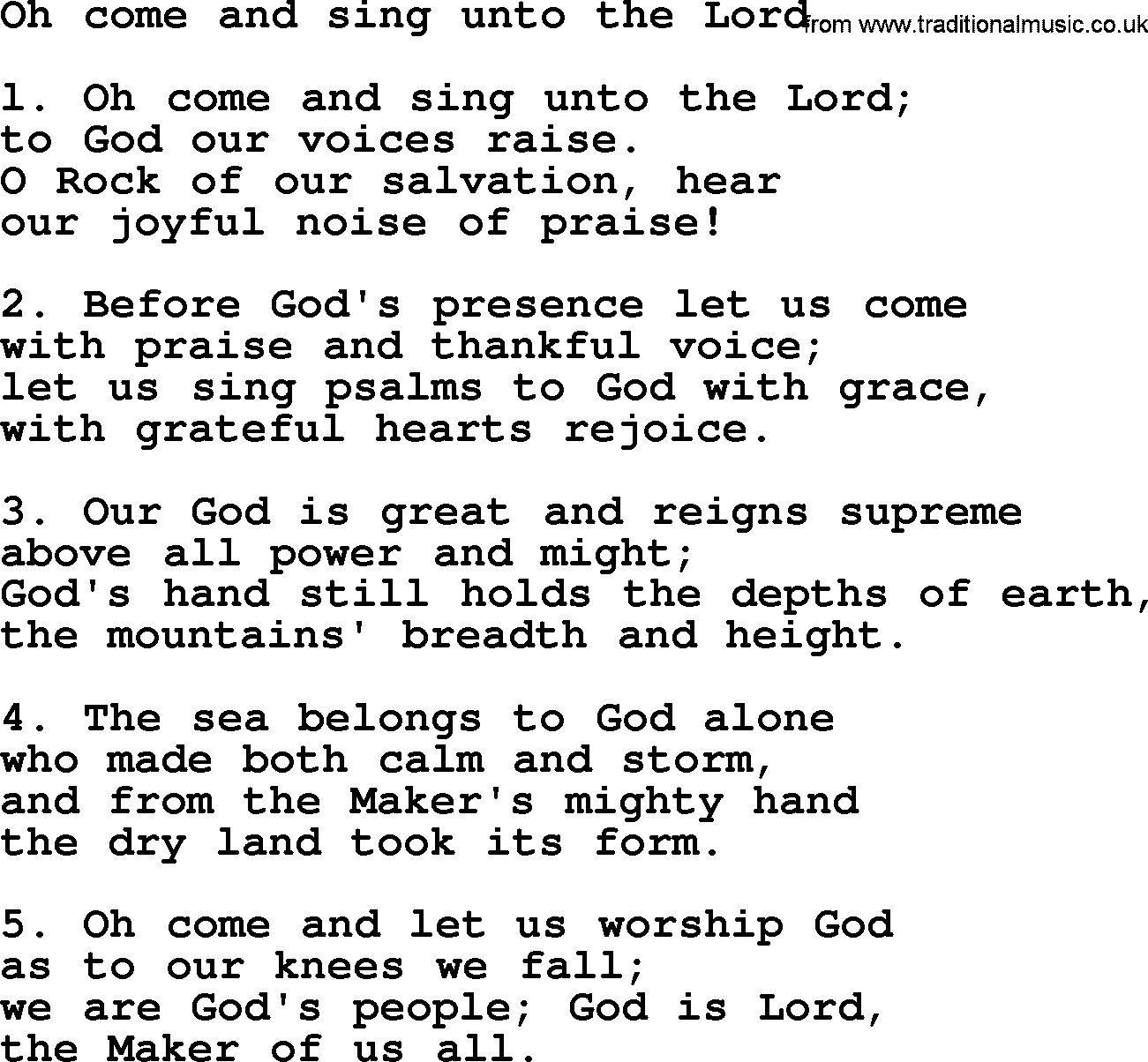 Presbyterian Hymns collection, Hymn: Oh Come And Sing Unto The Lord, lyrics and PDF