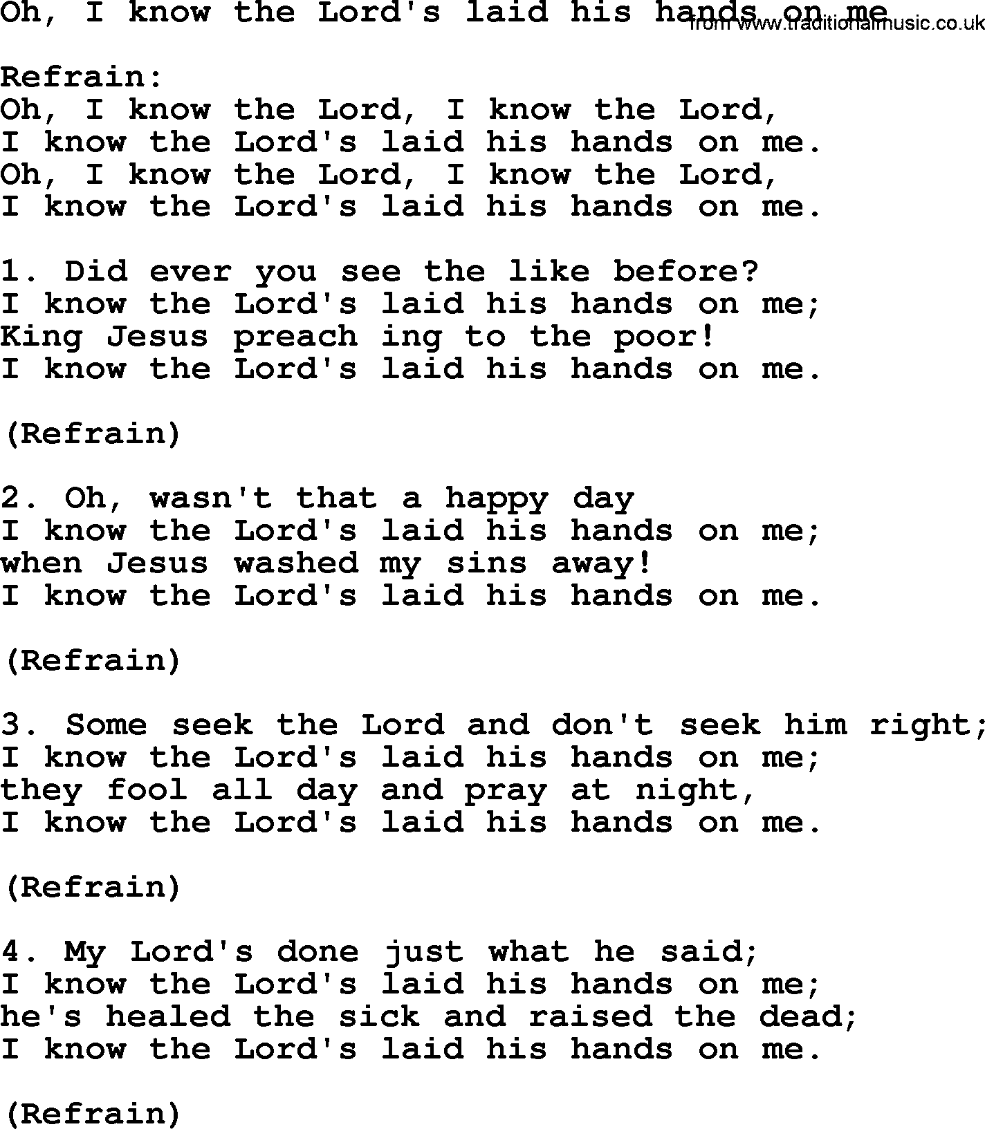 Presbyterian Hymns collection, Hymn: Oh, I Know The Lord's Laid His Hands On Me, lyrics and PDF