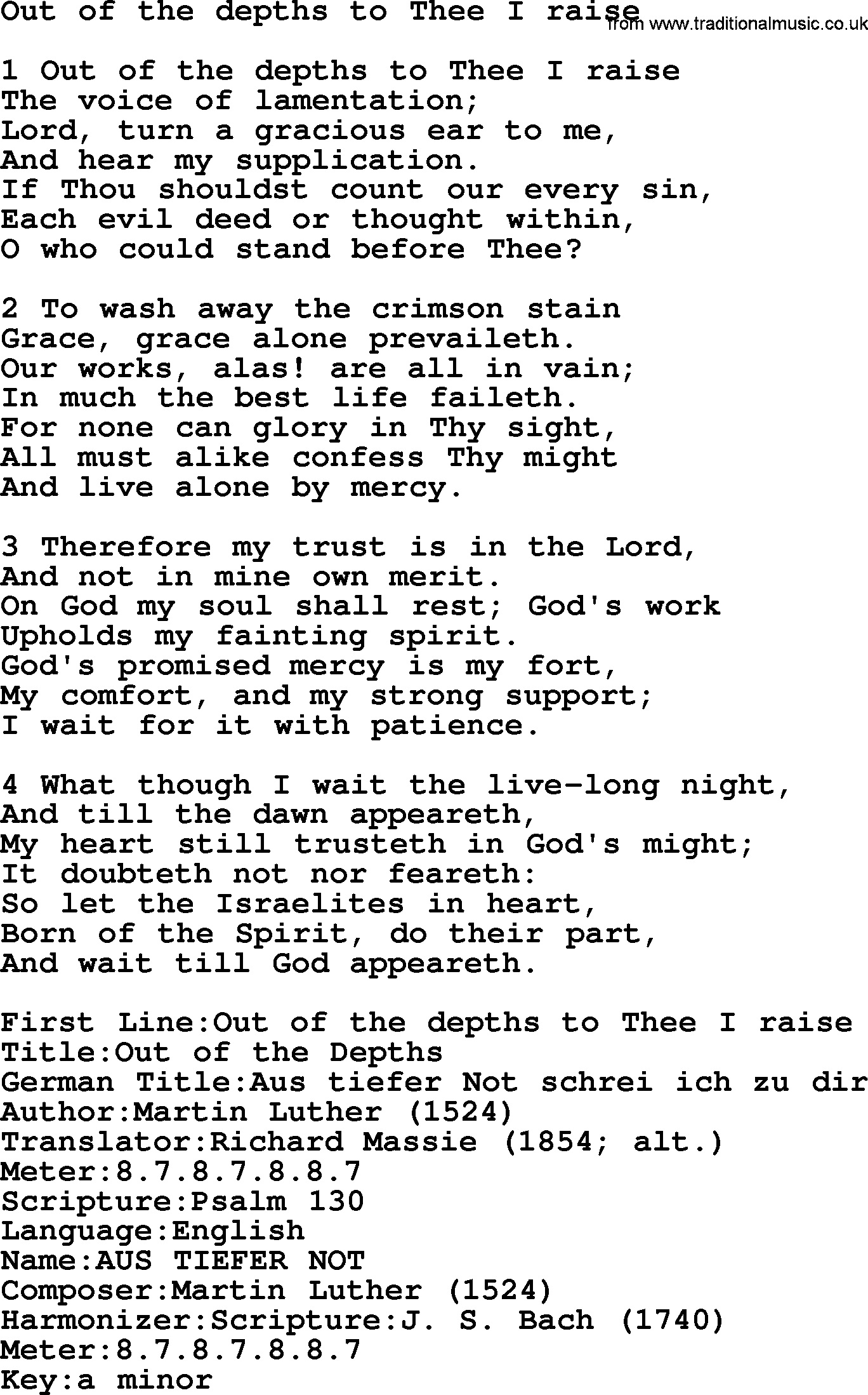 Presbyterian Hymns collection, Hymn: Out Of The Depths To Thee I Raise, lyrics and PDF