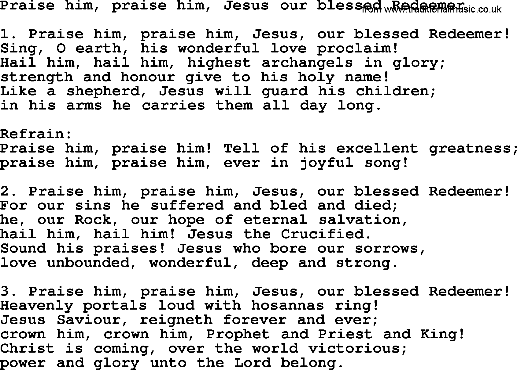 Presbyterian Hymns collection, Hymn: Praise Him, Praise Him, Jesus Our Blessed Redeemer, lyrics and PDF