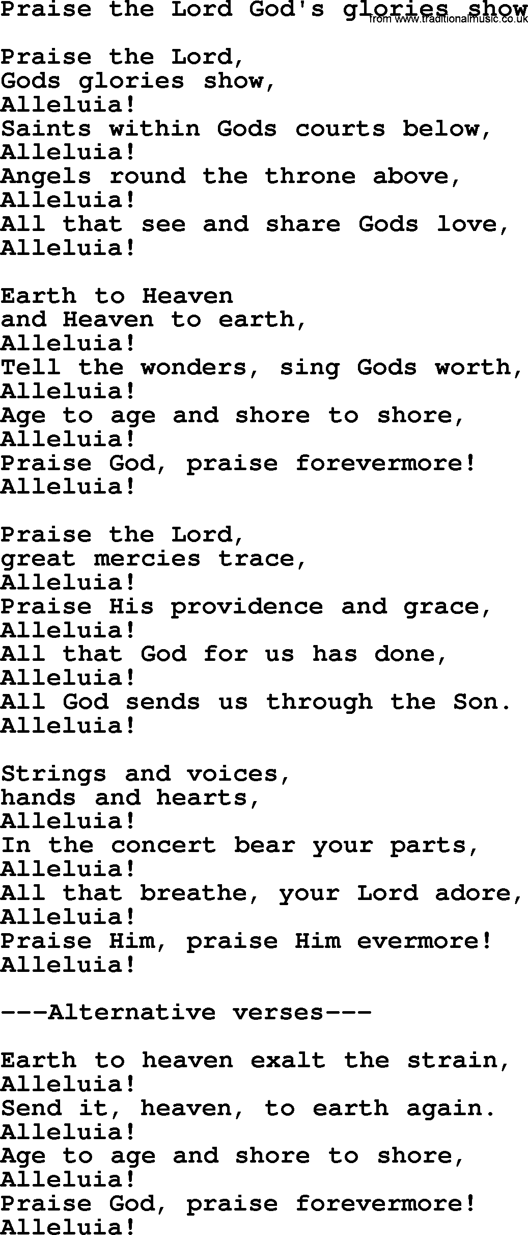 Presbyterian Hymns collection, Hymn: Praise The Lord God's Glories Show, lyrics and PDF
