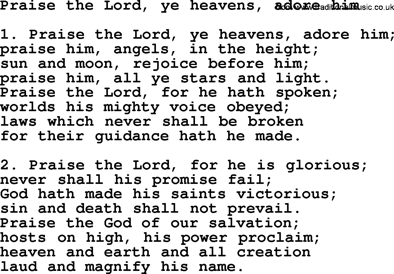 Presbyterian Hymns collection, Hymn: Praise The Lord, Ye Heavens, Adore Him, lyrics and PDF