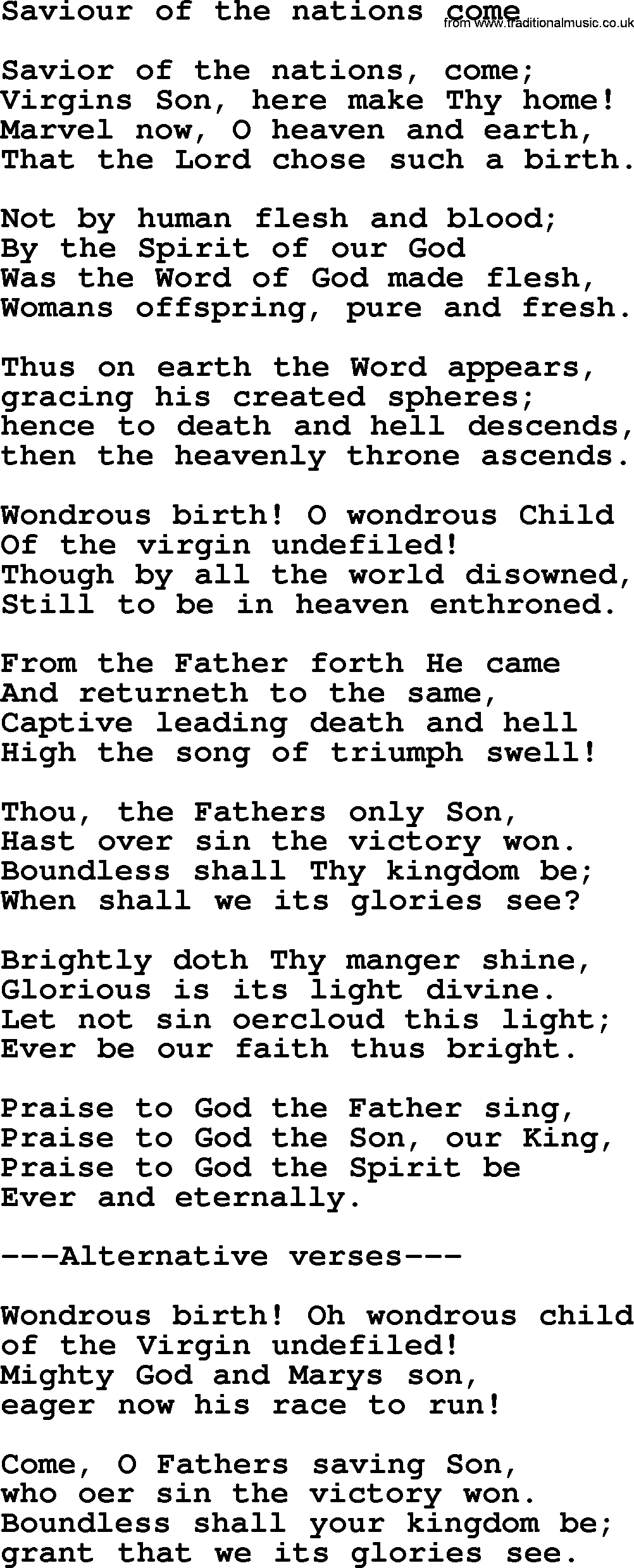 Presbyterian Hymns collection, Hymn: Saviour Of The Nations Come, lyrics and PDF