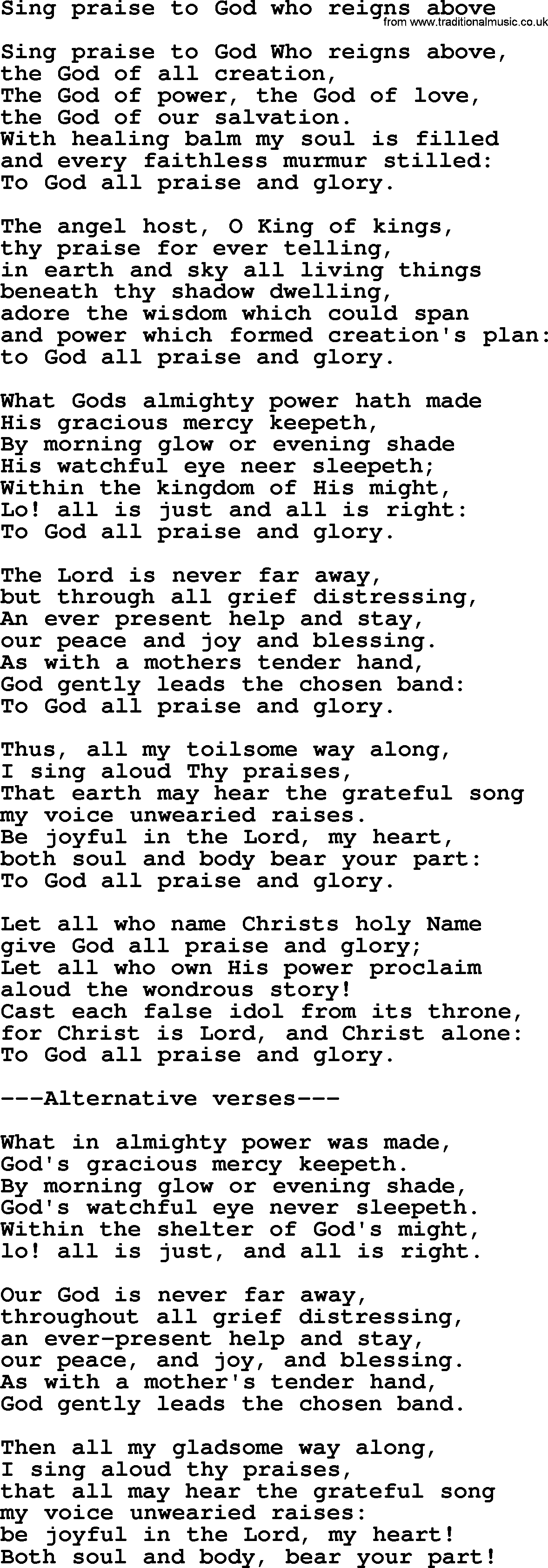 Presbyterian Hymns collection, Hymn: Sing Praise To God Who Reigns Above, lyrics and PDF