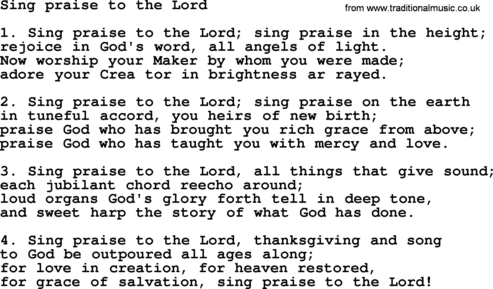 Presbyterian Hymns collection, Hymn: Sing Praise To The Lord, lyrics and PDF
