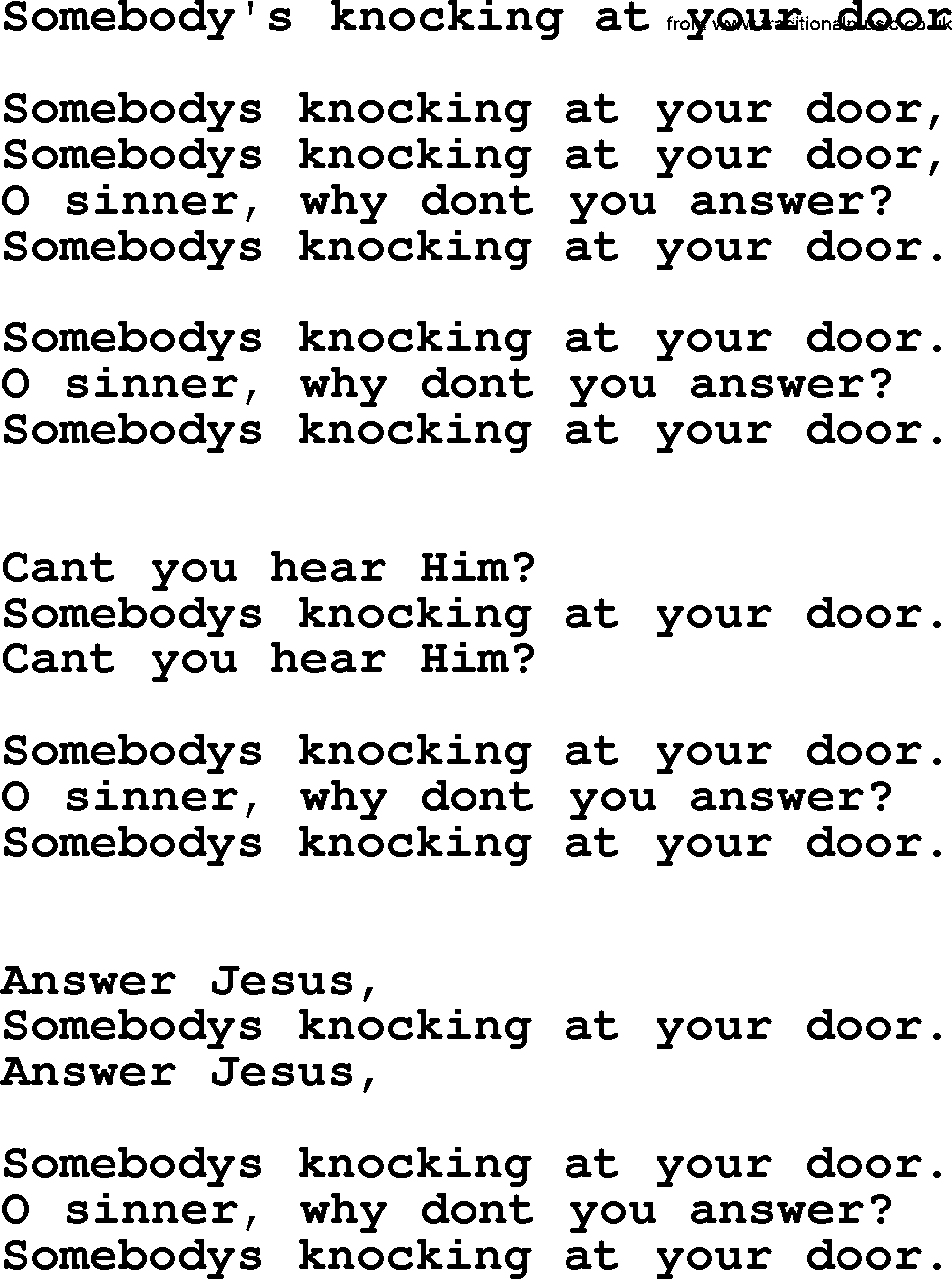 Presbyterian Hymns collection, Hymn: Somebody's Knocking At Your Door, lyrics and PDF