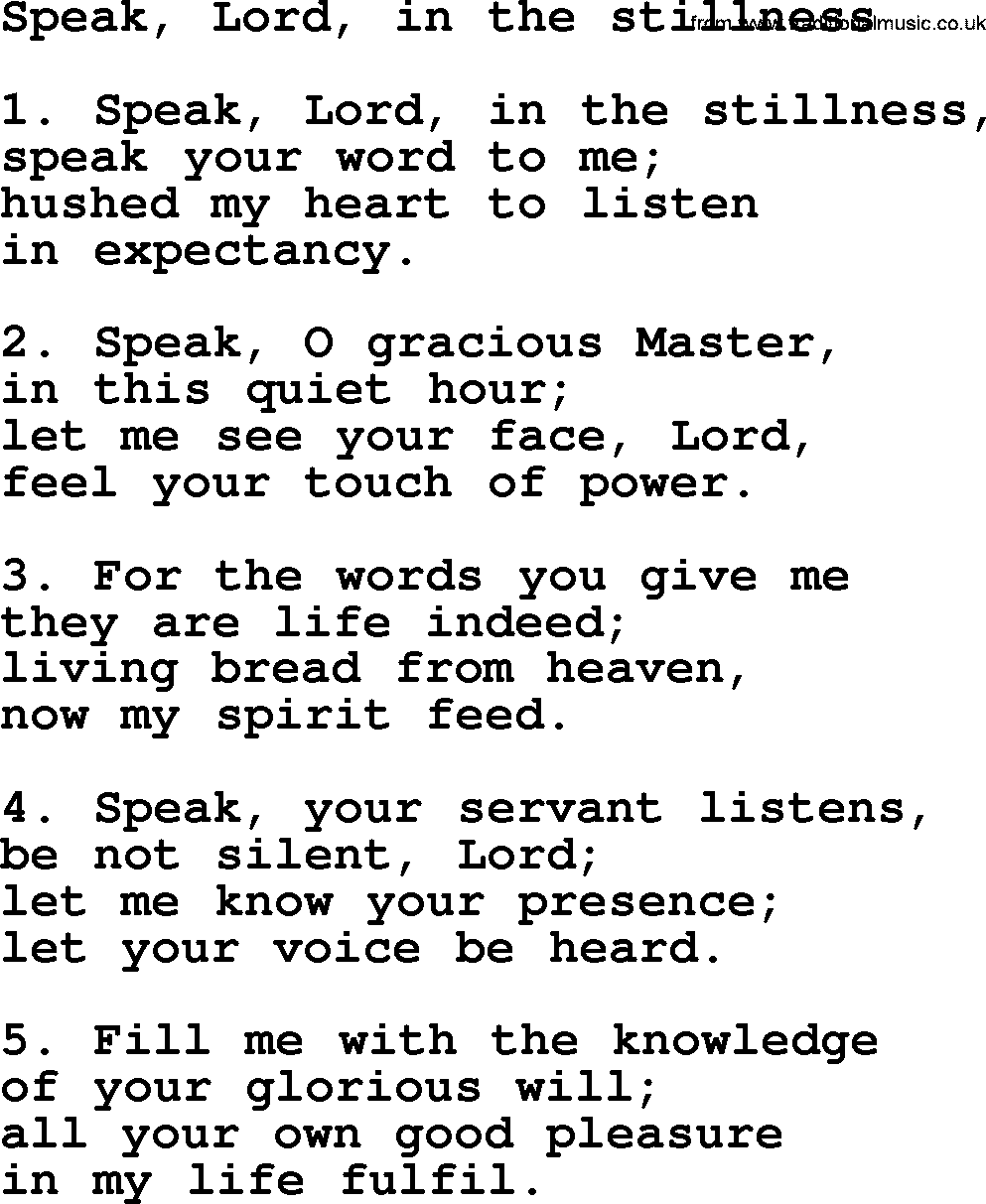 Presbyterian Hymns collection, Hymn: Speak, Lord, In The Stillness, lyrics and PDF