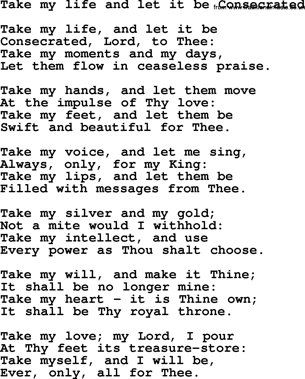 Presbyterian Hymns collection, Hymn: Take My Life And Let It Be Consecrated, lyrics and PDF