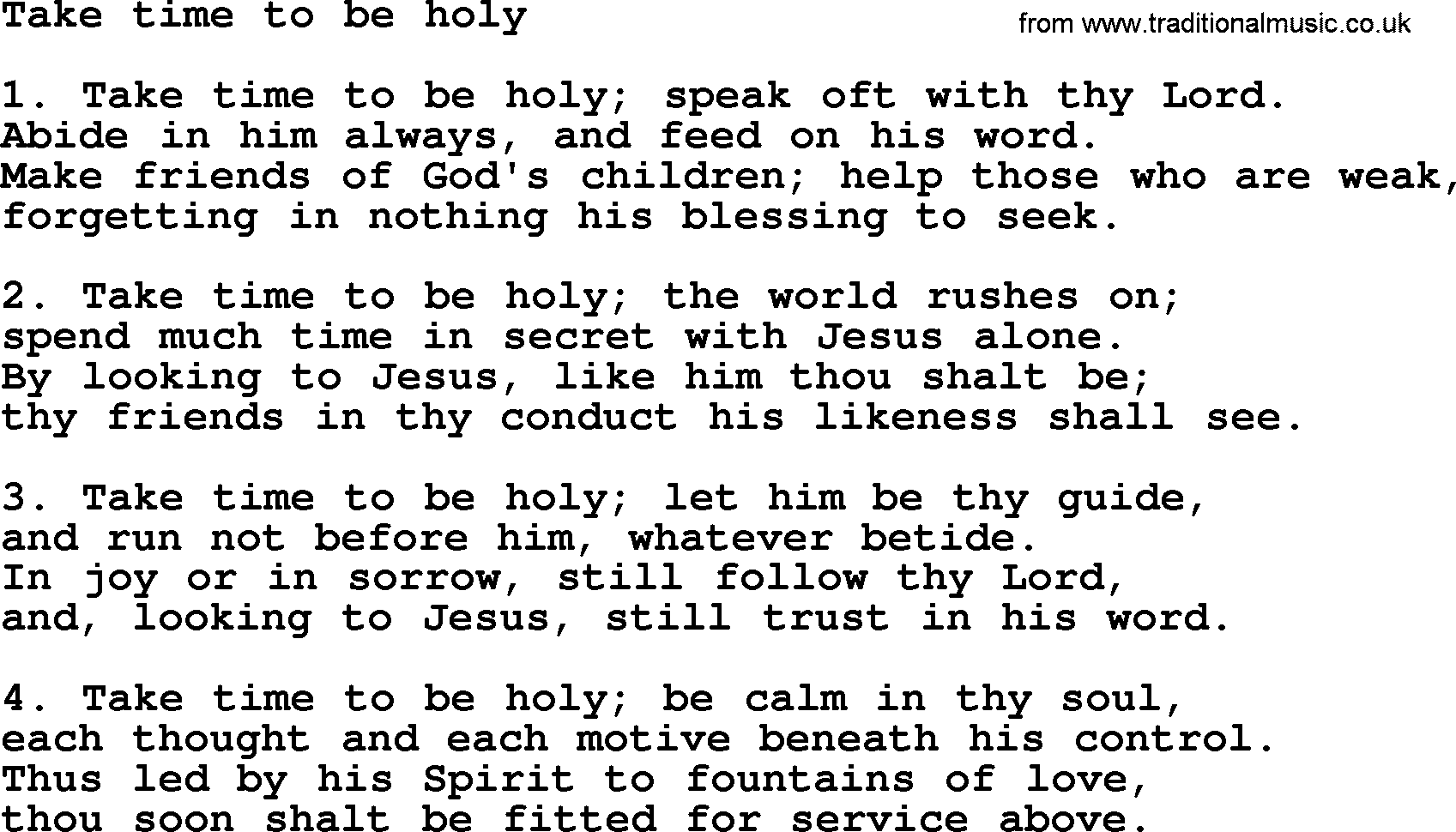 Presbyterian Hymns collection, Hymn: Take Time To Be Holy, lyrics and PDF