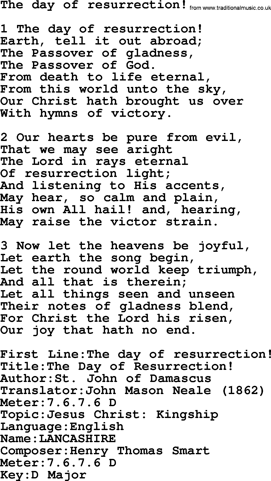 Presbyterian Hymns collection, Hymn: The Day Of Resurrection!, lyrics and PDF