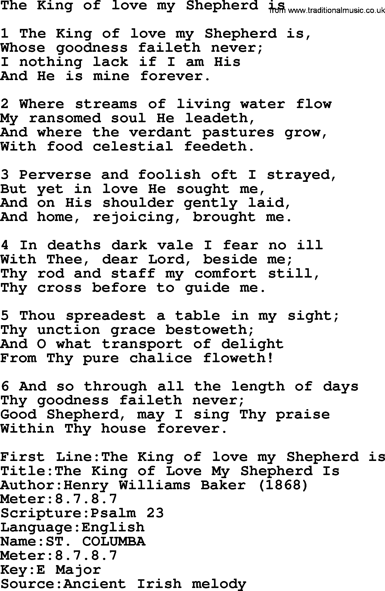 Presbyterian Hymns collection, Hymn: The King Of Love My Shepherd Is, lyrics and PDF