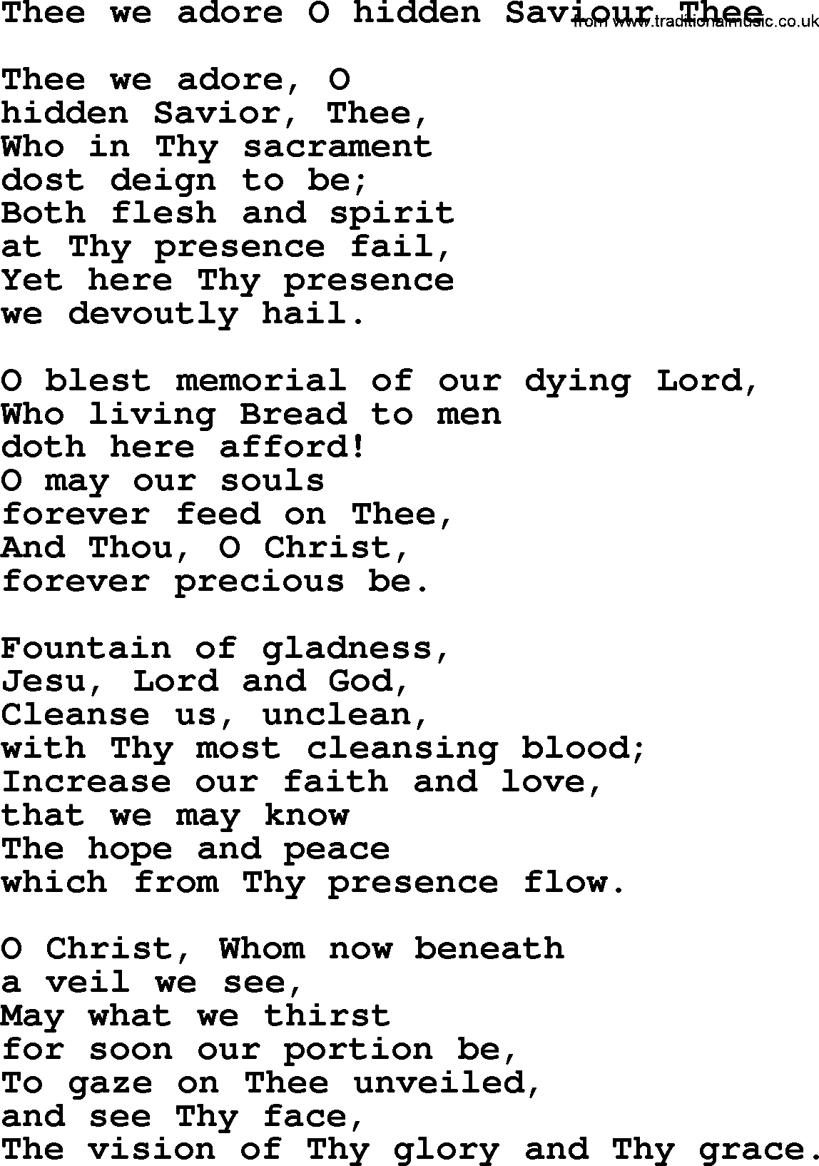 Presbyterian Hymns collection, Hymn: Thee We Adore O Hidden Saviour Thee, lyrics and PDF