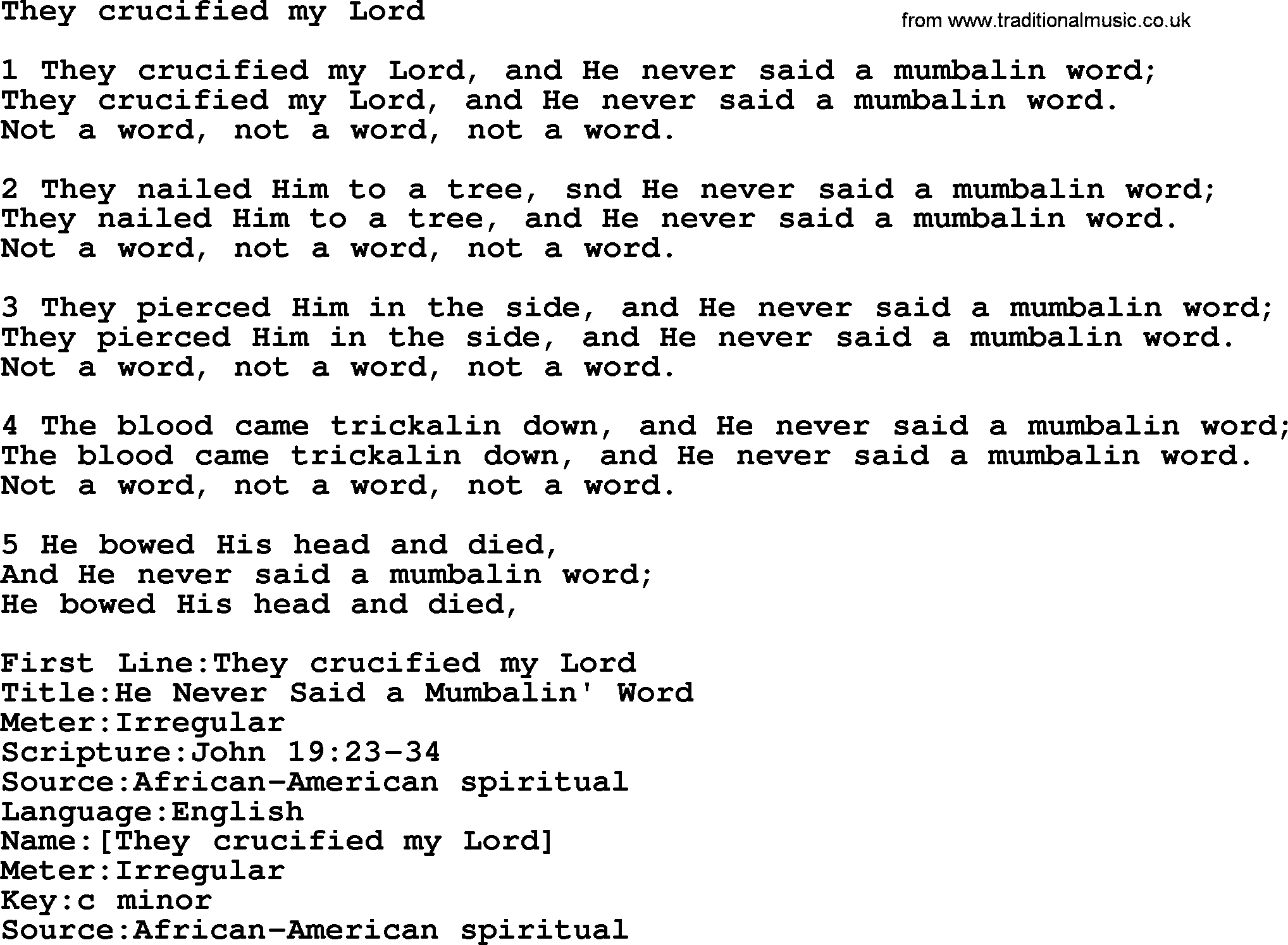 Presbyterian Hymns collection, Hymn: They Crucified My Lord, lyrics and PDF