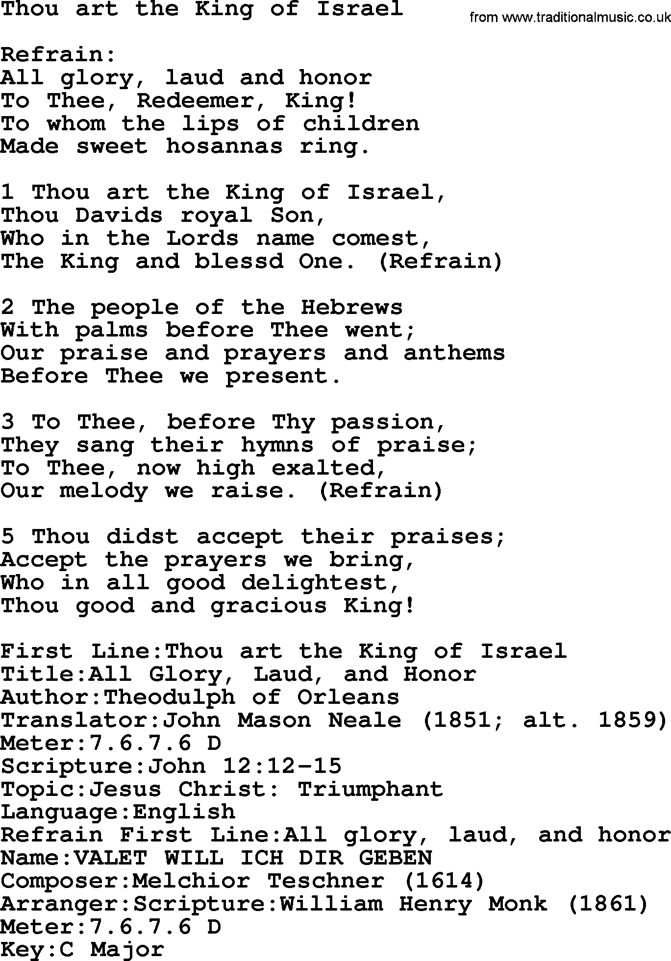 Presbyterian Hymns collection, Hymn: Thou Art The King Of Israel, lyrics and PDF