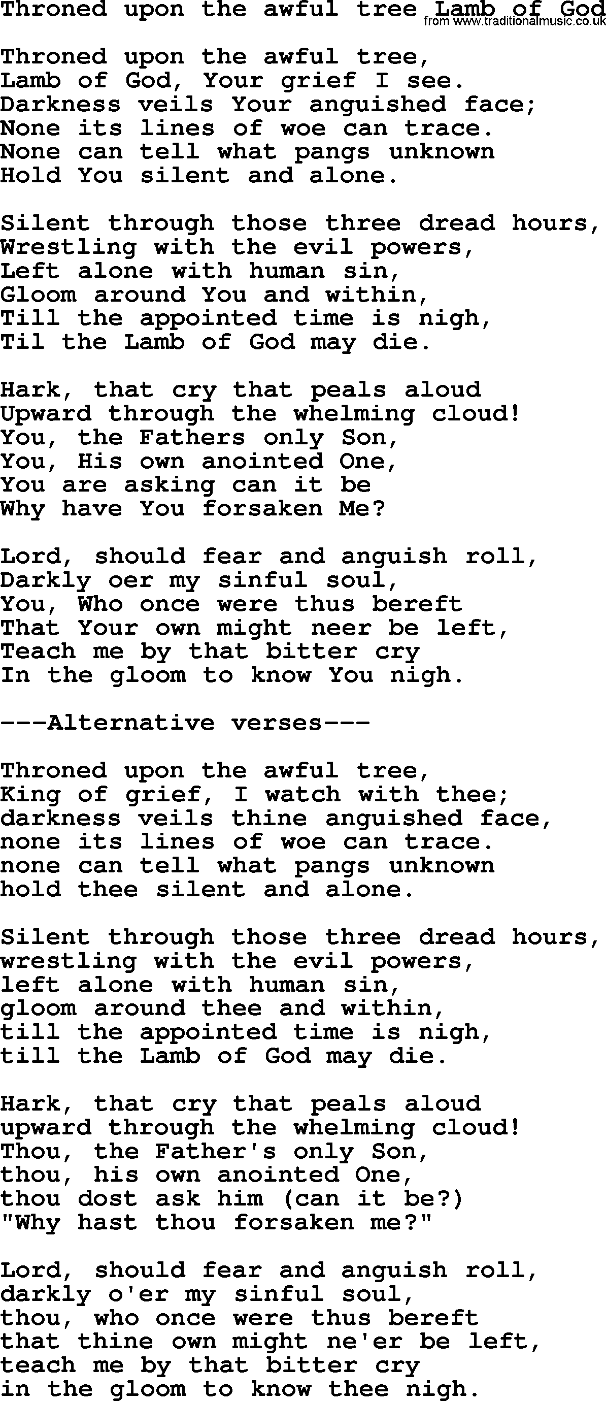 Presbyterian Hymns collection, Hymn: Throned Upon The Awful Tree Lamb Of God, lyrics and PDF