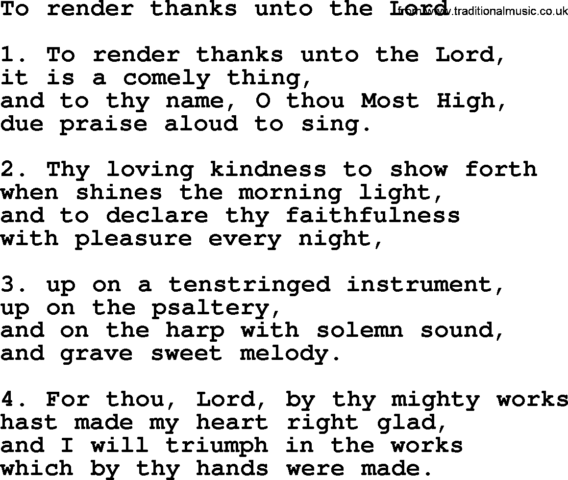 Presbyterian Hymns collection, Hymn: To Render Thanks Unto The Lord, lyrics and PDF