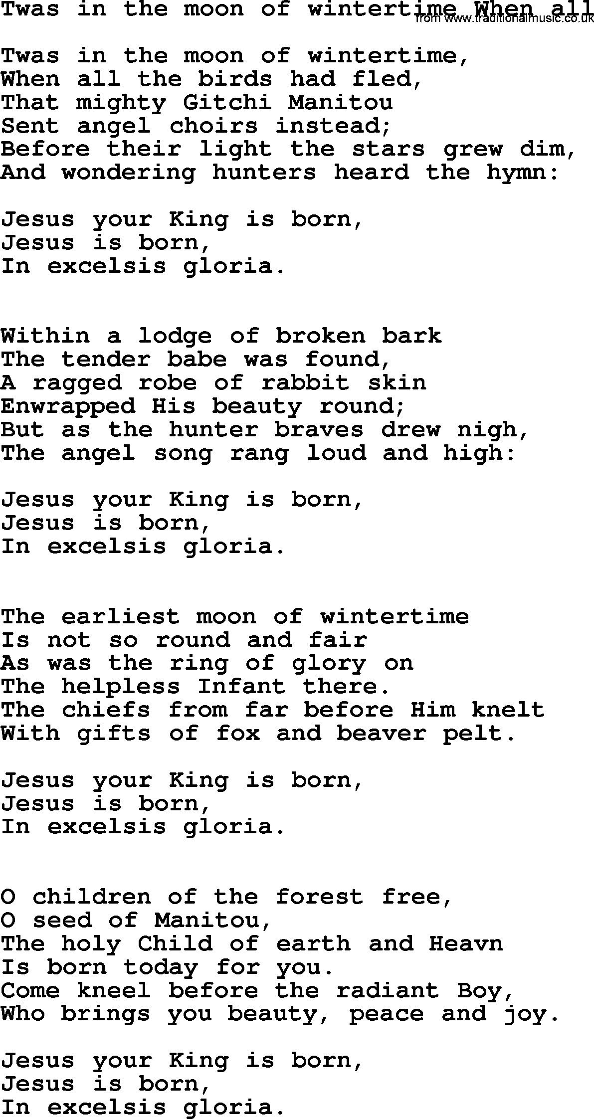 Presbyterian Hymns collection, Hymn: Twas In The Moon Of Wintertime When All, lyrics and PDF